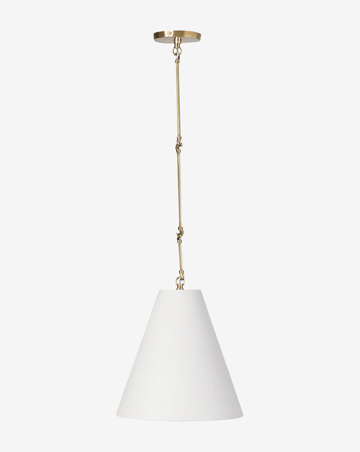 The Reynolds Pendant, featuring a slim adjustable brass rod and a large white conical shade, hangs from the ceiling against a plain white background by McGee & Co.