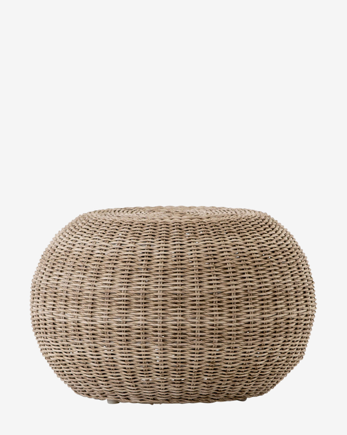 The Rimma Outdoor Accent Stool is a round, light brown piece featuring a woven texture of all-weather wicker, shown against a plain white background by McGee & Co.