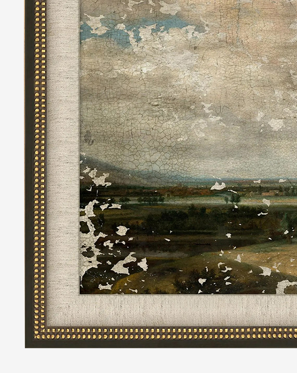 Close-up of the lower left corner of Roaming Fields, a framed, weathered landscape painting with cracked giclee details, visible paint loss, and gold beaded frame accents, by McGee & Co.