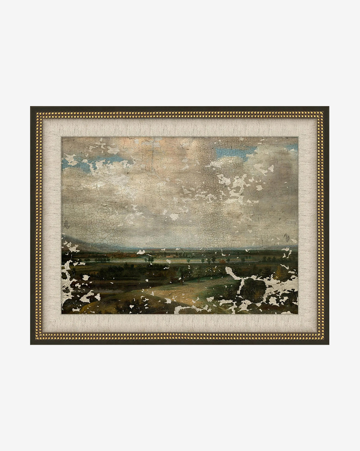 Roaming Fields is a framed vintage landscape painting featuring a cloudy sky over green and brown fields. Set in a gold leaf frame with worn, peeling paint, it brings timeless character and authentic vintage charm to your wall decor, by McGee & Co.