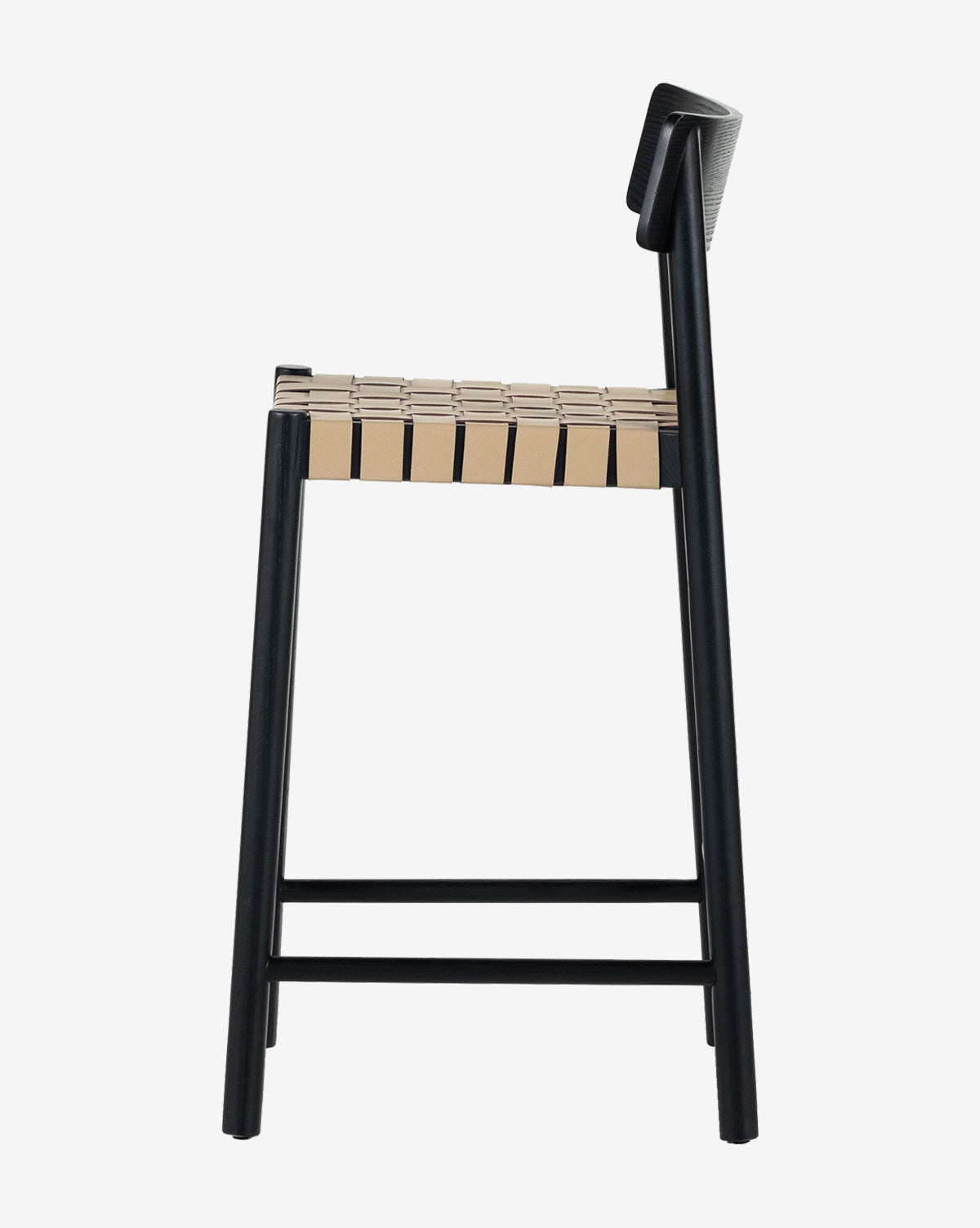 Side view of the Robson Stool—a modern kitchen stool with a black wood frame, woven beige leather seat, low backrest, and minimalist design, by McGee & Co.
