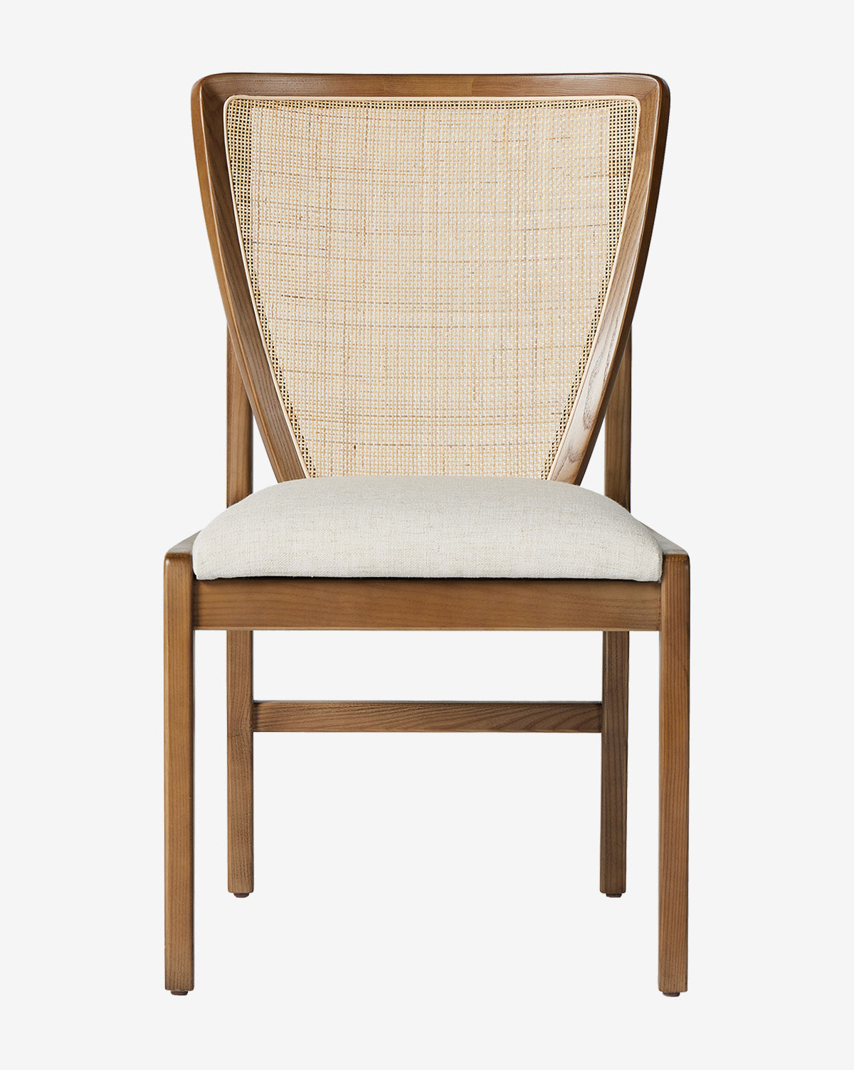 The Rogan Dining Chair features a light beige cushioned seat and a woven cane back, displayed from the front against a white background—ideal for enhancing your dining room décor, by McGee & Co.