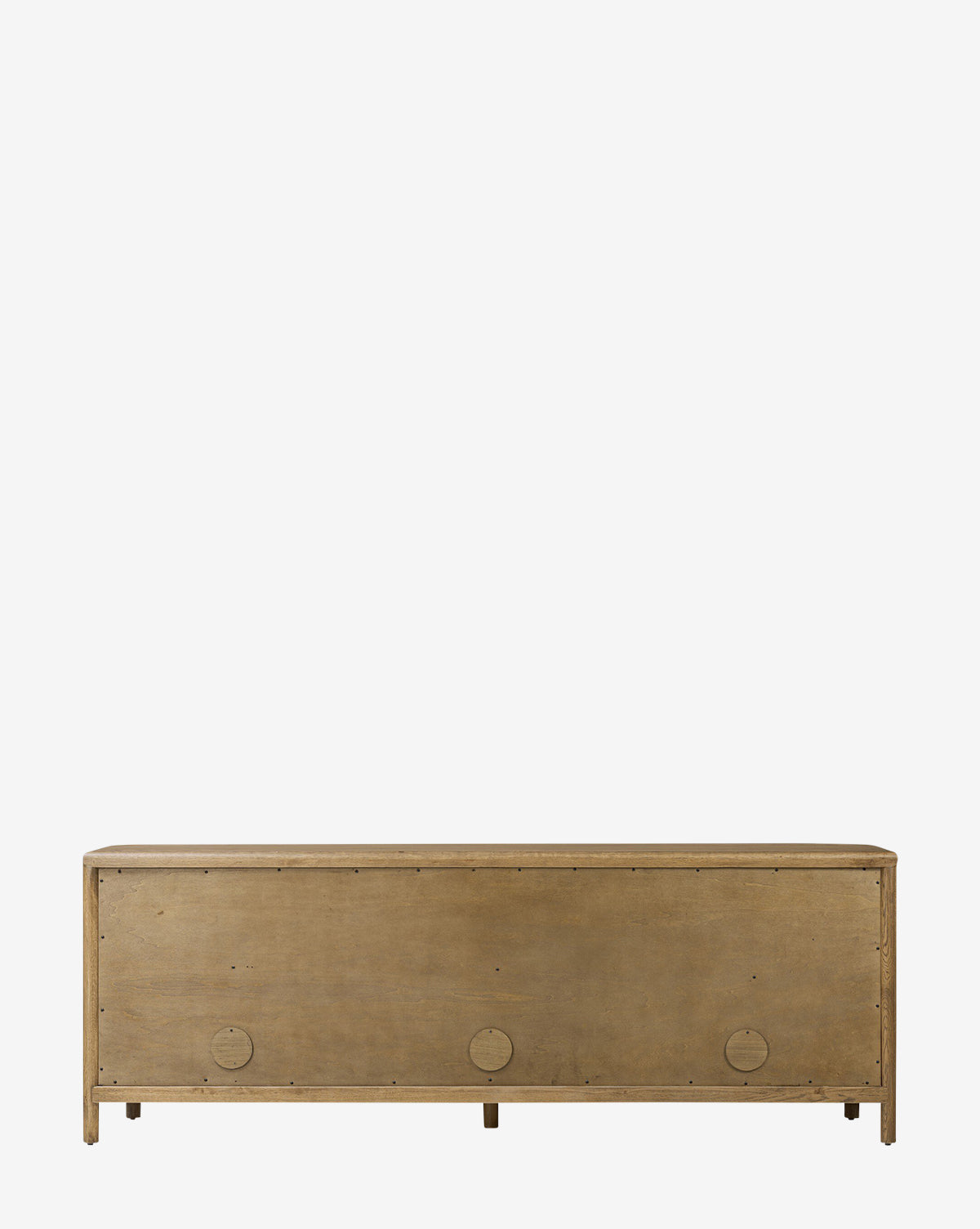The Rolette Sideboard is a rectangular, wooden storage bench with a simple rustic design and three circular accents on the front panel, resembling an oak sideboard, displayed against a plain white background by McGee & Co.