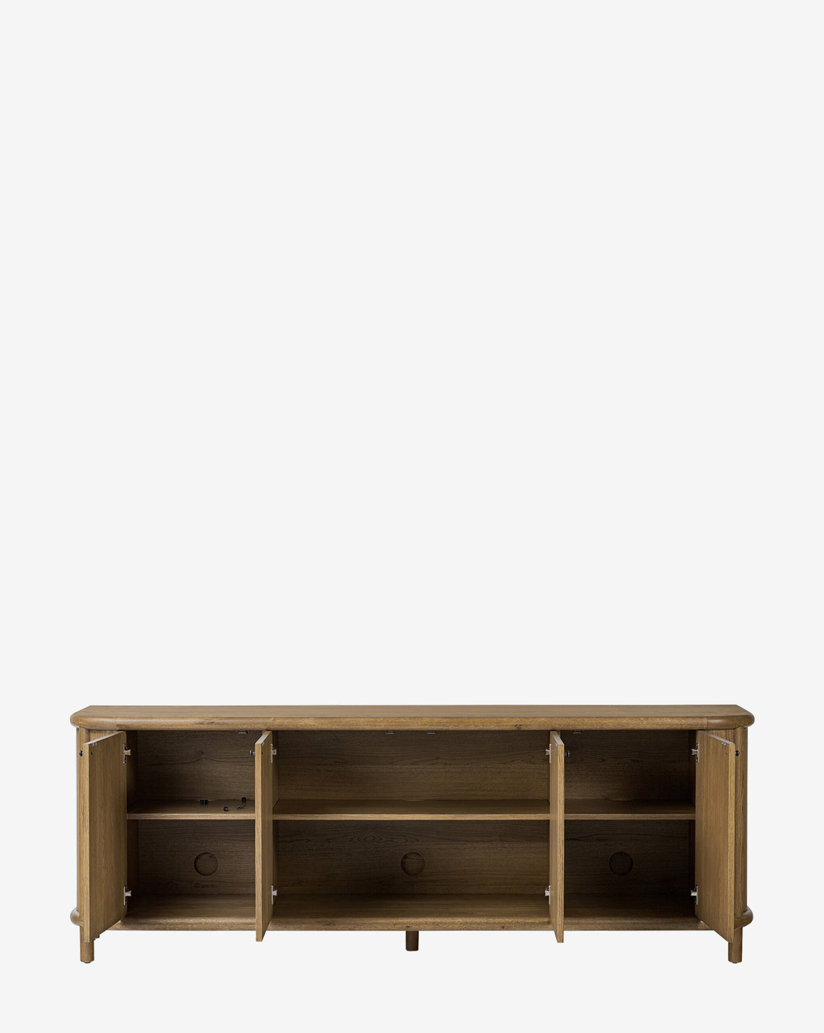 The Rolette Sideboard is a wooden media console with three open compartments, shelves, and wide cabinet doors with gunmetal pulls. Back panel cutouts provide easy cable management, all set against a plain white background by McGee & Co.