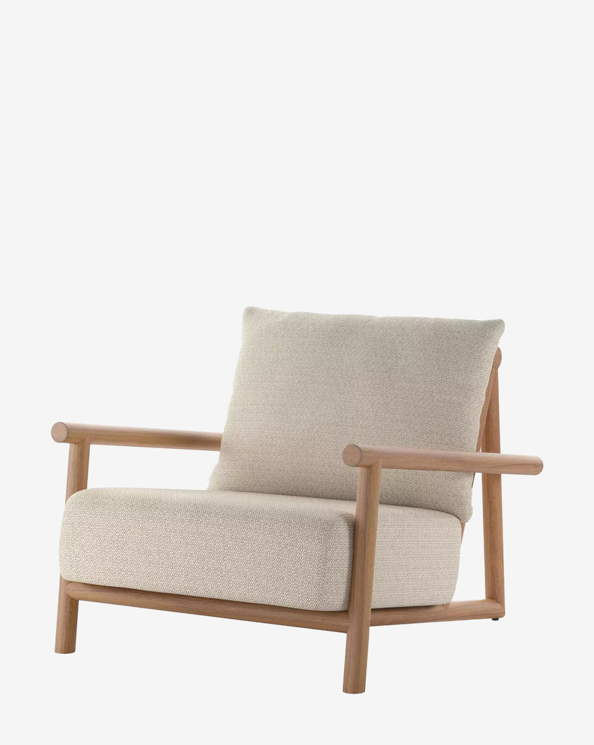 The Romane Outdoor Chair features a modern teak frame, plush beige seat cushion, and matching backrest in outdoor fabric, shown on a plain white background by McGee & Co.