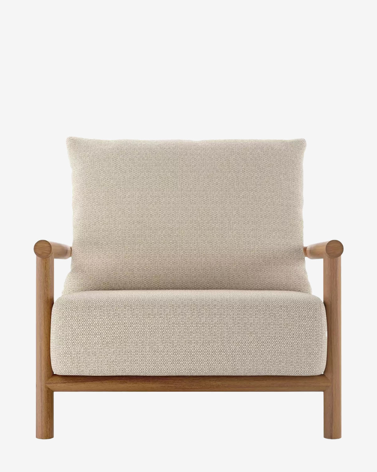 The Romane Outdoor Chair is a modern teak chair with armrests, featuring a light beige upholstered cushion and backrest on a wooden frame, designed for comfort and elegance, shown against a plain white background by McGee & Co.