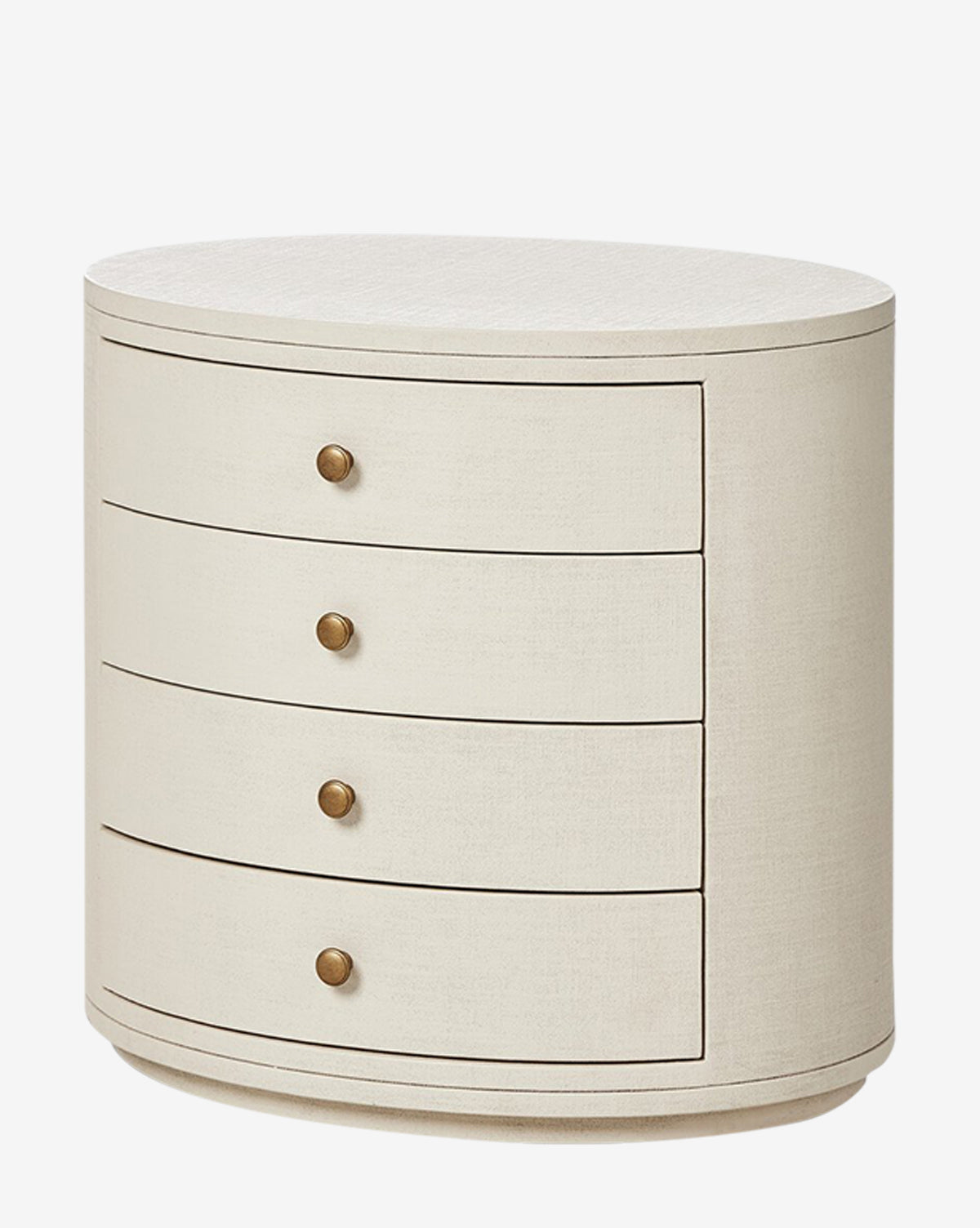 The Rosalie Nightstand is a modern, oval-shaped linen dresser in ivory with four drawers and small round brass knobs, providing elegant bedside storage against a plain white background by McGee & Co.