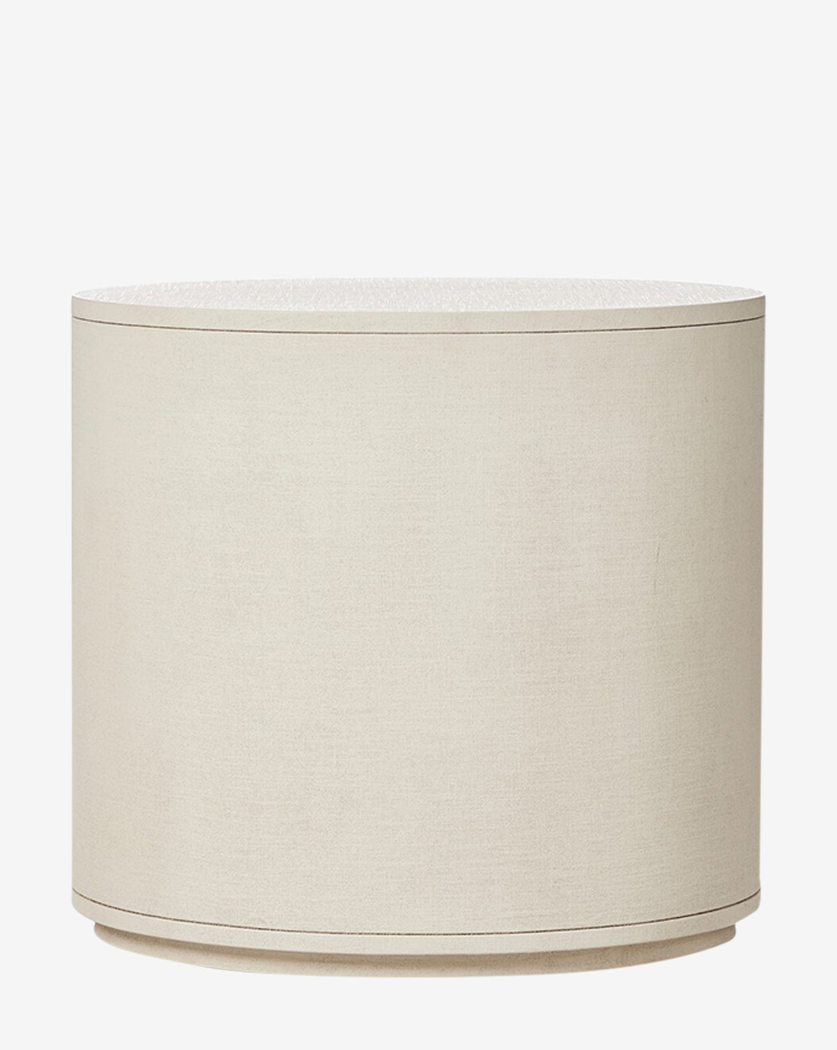 A modern beige ottoman with a smooth fabric finish pairs beautifully with the Rosalie Nightstand, painted ivory linen, both set against a plain white background by McGee & Co.