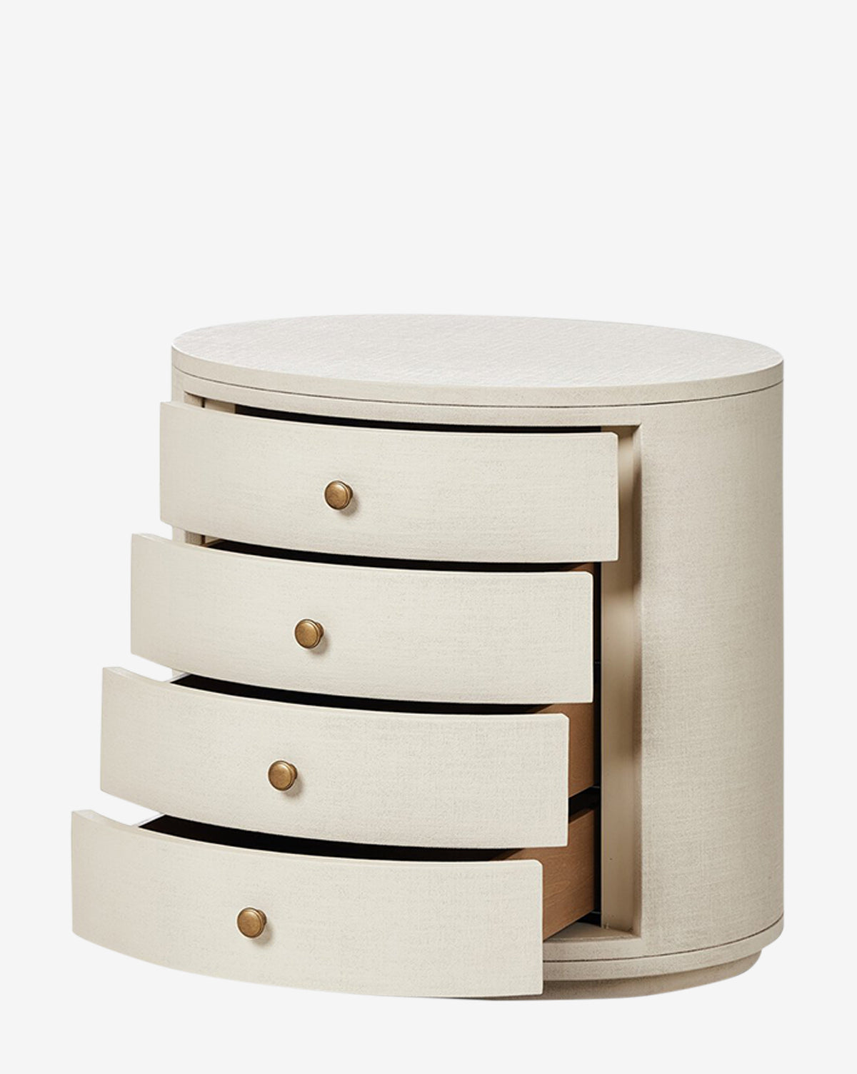 The Rosalie Nightstand features a round, ivory-painted linen finish with four spacious drawers. Each drawer includes a gold knob and wooden interior, while the textured design adds a modern touch to your bedside storage by McGee & Co.