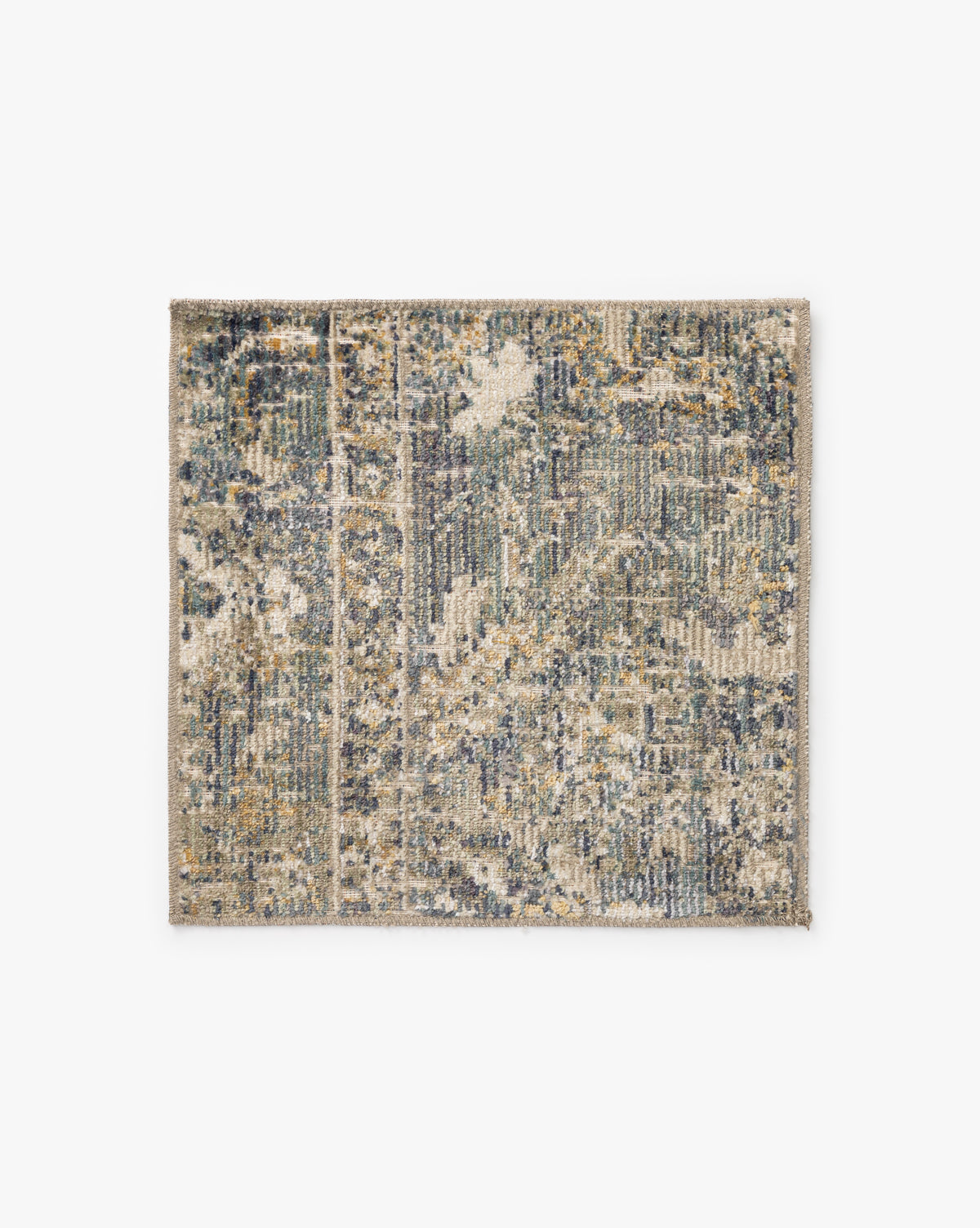 The Rosemarie Collection No. 3 Swatch is a rectangular power-loomed rug with an abstract, distressed pattern in muted beige, gray, blue, and gold over a white background by McGee & Co.