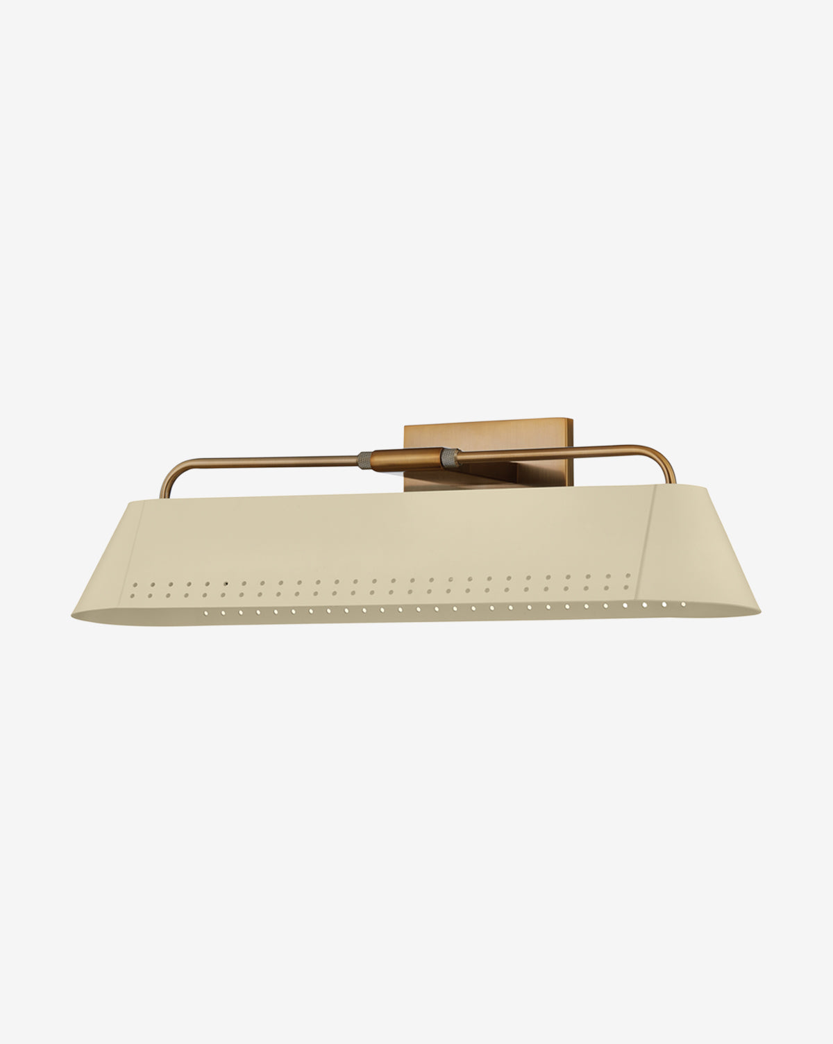 The Rowan Picture Light by Troy Lighting features a rectangular cream shade and elegant brass backplate and arm, wall-mounted against a plain white background, McGee & Co.