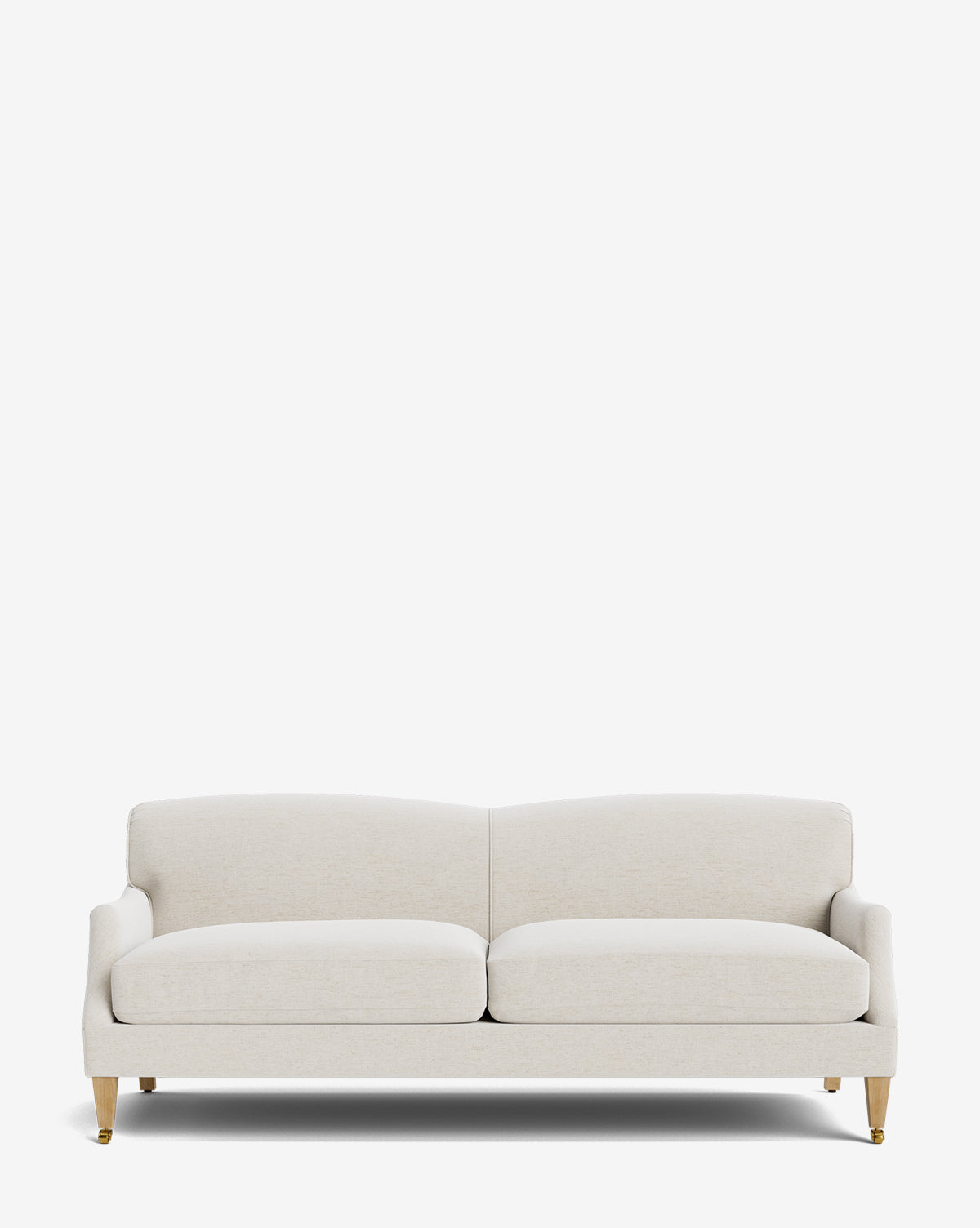 The Rowley Sofa 85 is a modern, light beige upholstered, hand-crafted sofa with two seat cushions and wooden legs with gold-colored tips, displayed against a plain white background by McGee & Co.