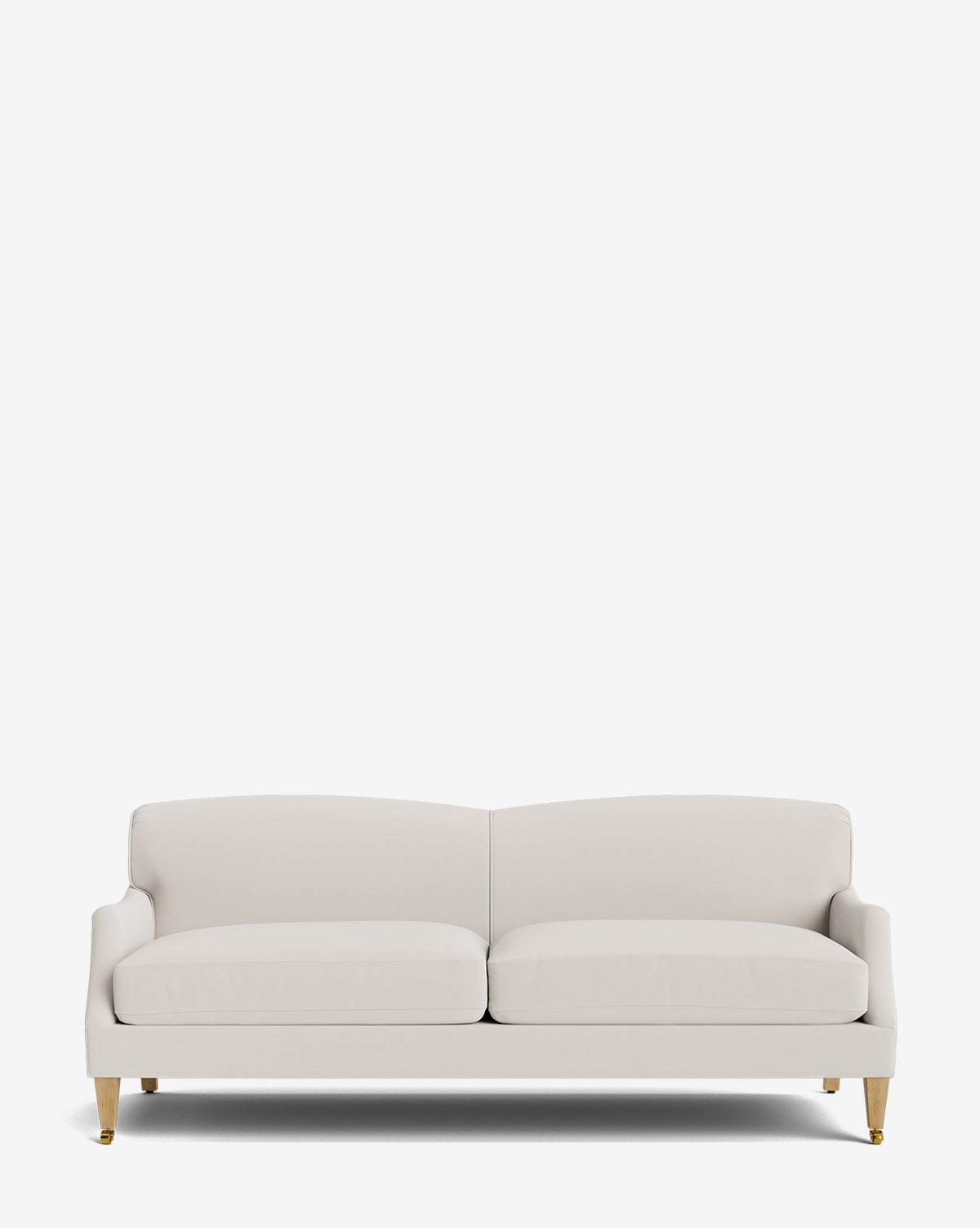 The Rowley Sofa 85 is a modern, light beige upholstered sofa with two seat cushions and wooden legs, shown on a plain white background. This customizable piece combines elegance and comfort, perfect for any living space by McGee & Co.