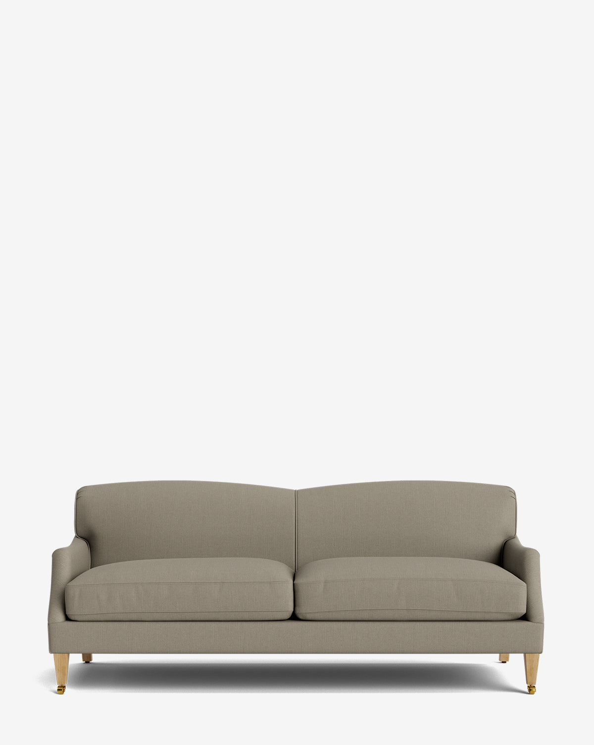 The Rowley Sofa 85 is a modern, light gray sofa with two seat cushions and wooden legs featuring gold accents, shown against a plain white background—ideal for contemporary living spaces and fully customizable by McGee & Co.