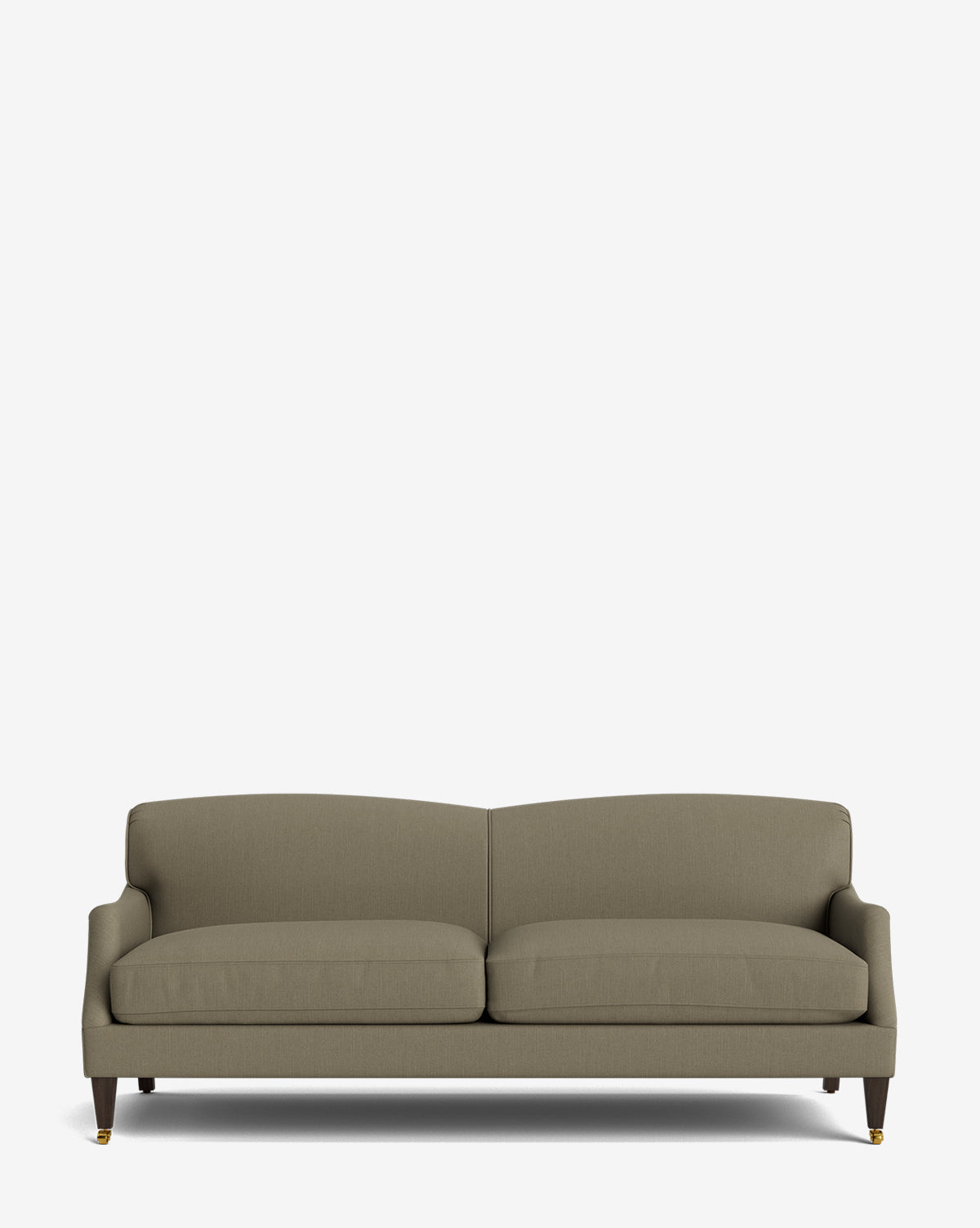 The Rowley Sofa 85 is a modern, taupe hand-crafted sofa with two seat cushions, a slightly angled backrest, and dark wooden legs with small brass wheels on the front, by McGee & Co. Shown against a plain white background.