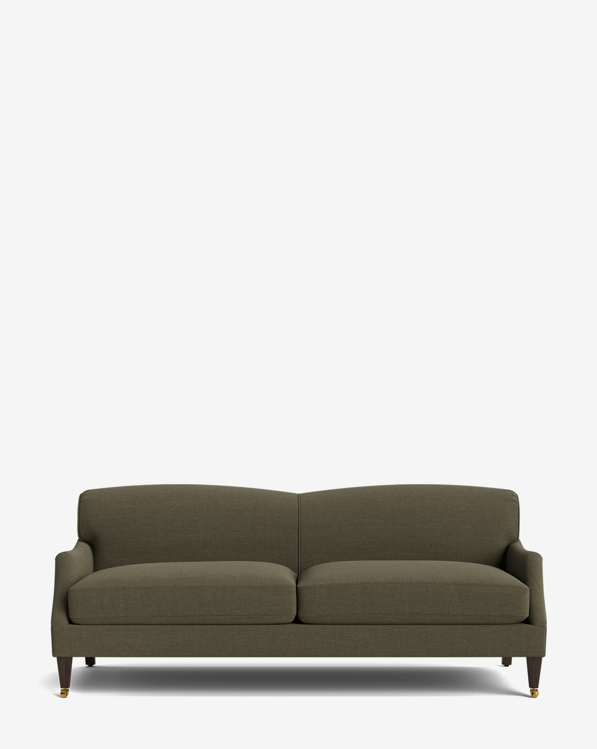The Rowley Sofa 85 is a dark olive-green, hand-crafted sofa featuring two seat cushions, a low backrest, and wooden legs with small brass casters, shown against a plain white background by McGee & Co.