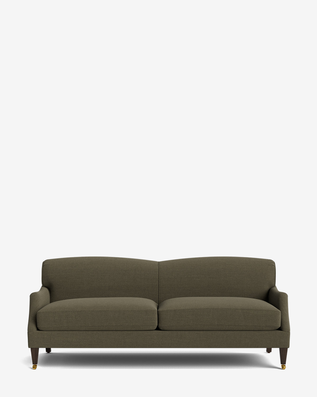 The Rowley Sofa 85 is a dark olive-green, hand-crafted sofa with two seat cushions, a curved backrest, slim arms, and wooden legs featuring small brass caps on the front legs, shown against a plain white background by McGee & Co.