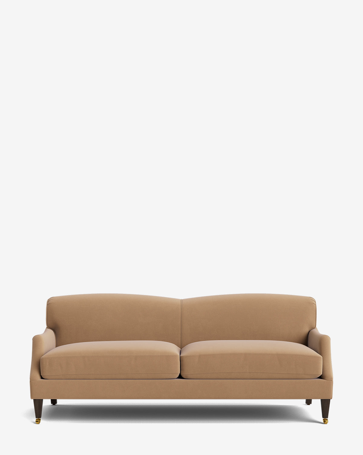 The Rowley Sofa 85 by Rowe Fine Furniture, Inc. features tan upholstery, two seat cushions, a curved backrest, short dark wooden legs with gold metal tips, and customizable fabric options, shown on a plain white background. McGee & Co.