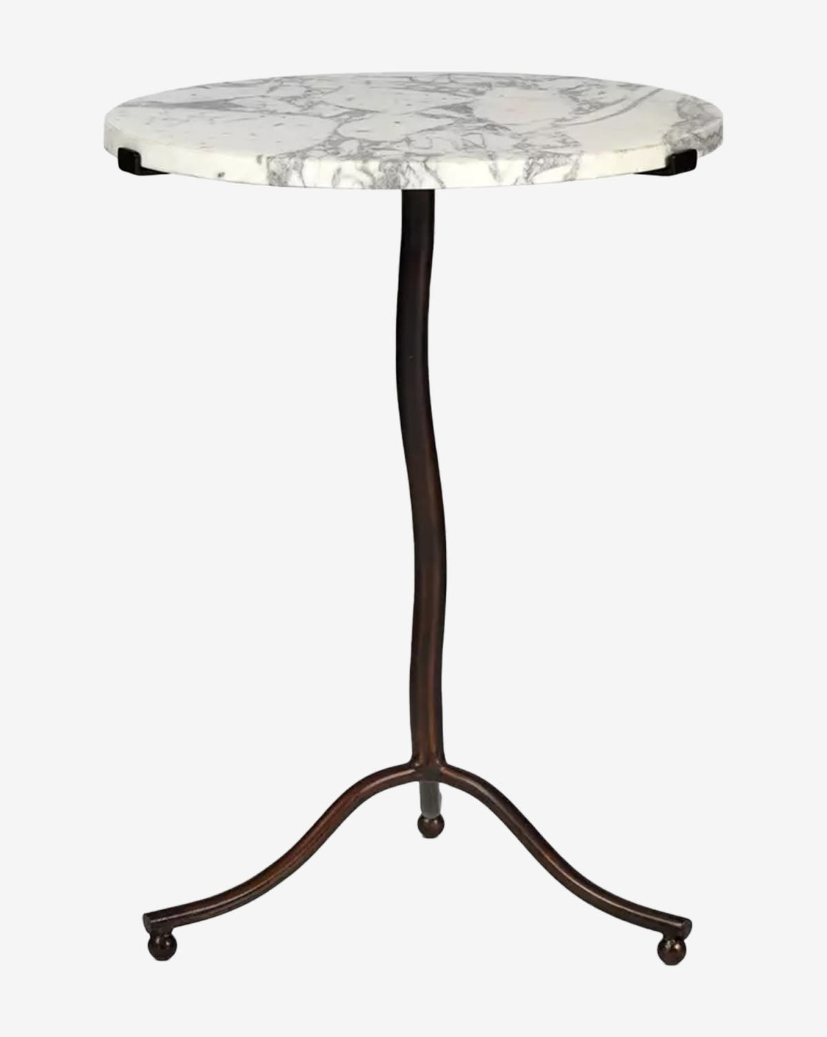 The Rumaan End Table showcases a white marble tabletop paired with a slender, curved iron base featuring three legs and small ball feet, by McGee & Co.