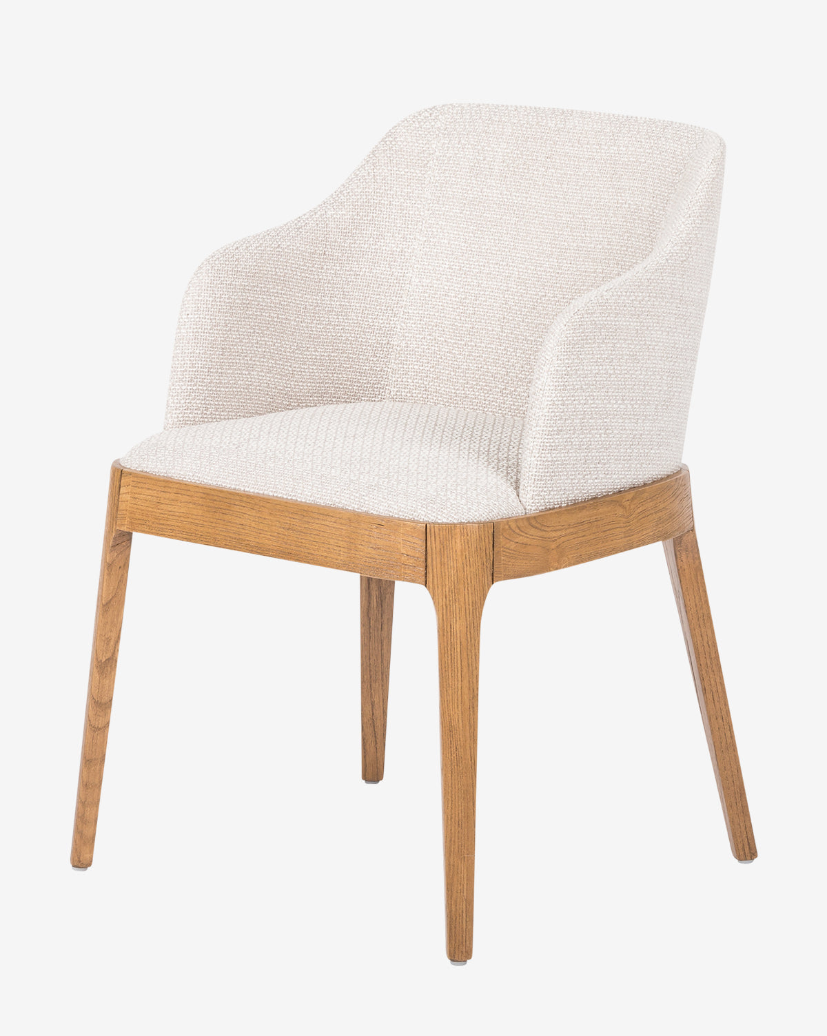 The Ryne Dining Chair features a light beige upholstered seat and backrest, curved armrests, and four solid oak legs with a natural finish, set against a plain white background by McGee & Co.