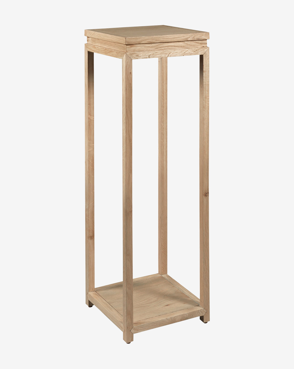 The Sable Pedestal is a minimal, modern plant stand featuring a square top, four straight legs, and a lower shelf, all in natural wood finish—perfect as stylish accent furniture for any space, by McGee & Co.