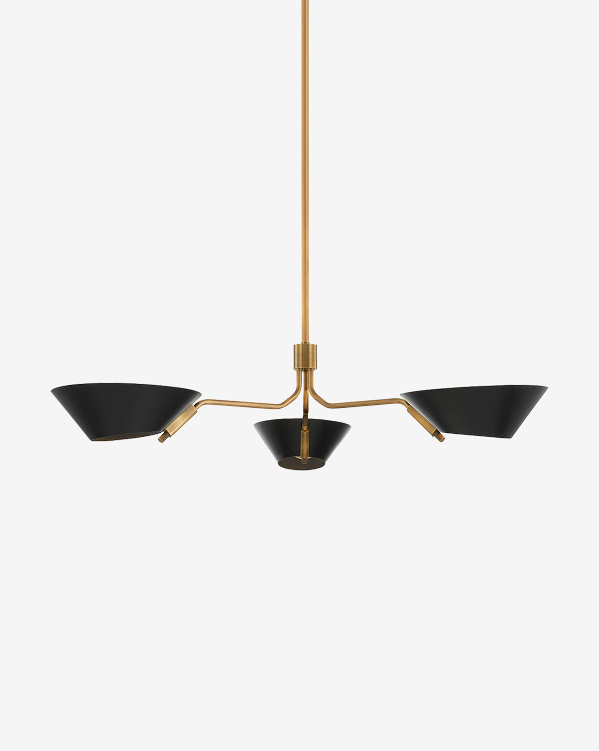 The Sacramento Chandelier by Troy Lighting features three black, cone-shaped shades and a patina brass gold frame on a gold rod—a striking modern lighting piece ideal for contemporary spaces. McGee & Co.