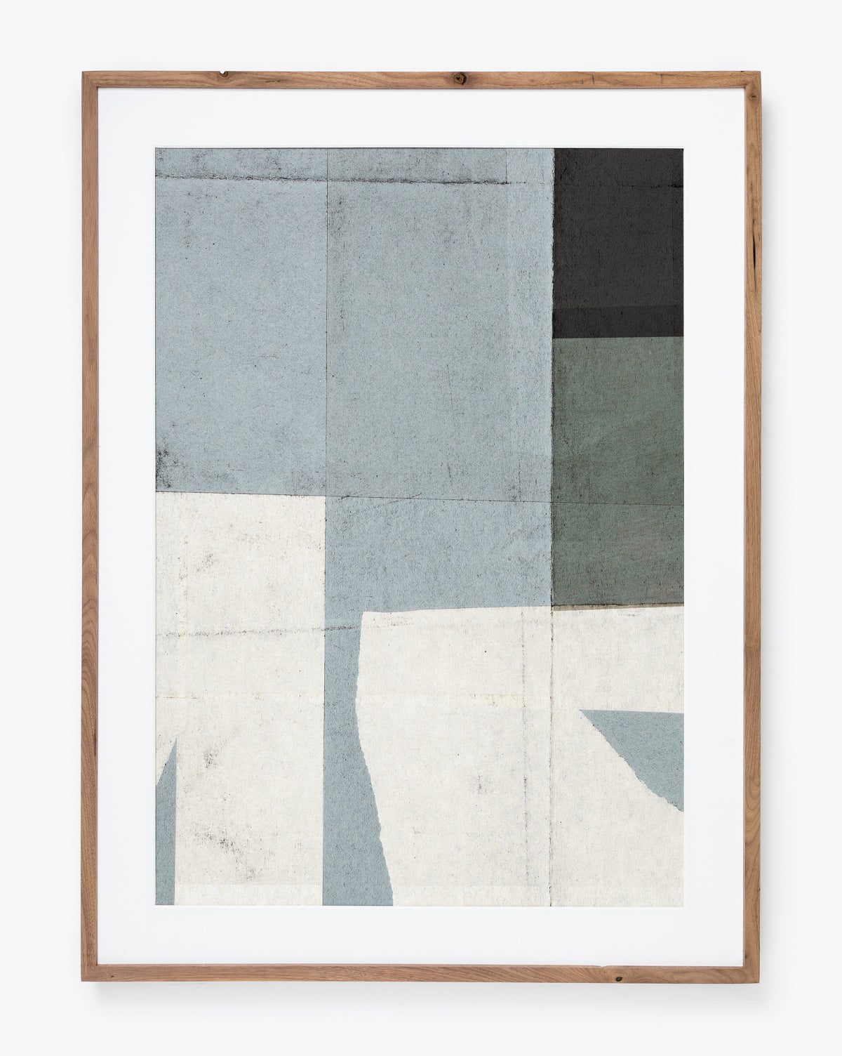 Safe by Dan Hobday: Abstract wall art in a rustic walnut frame with overlapping geometric shapes in blue, gray, white, and black. Minimalist style featuring sharp-edged rectangles.