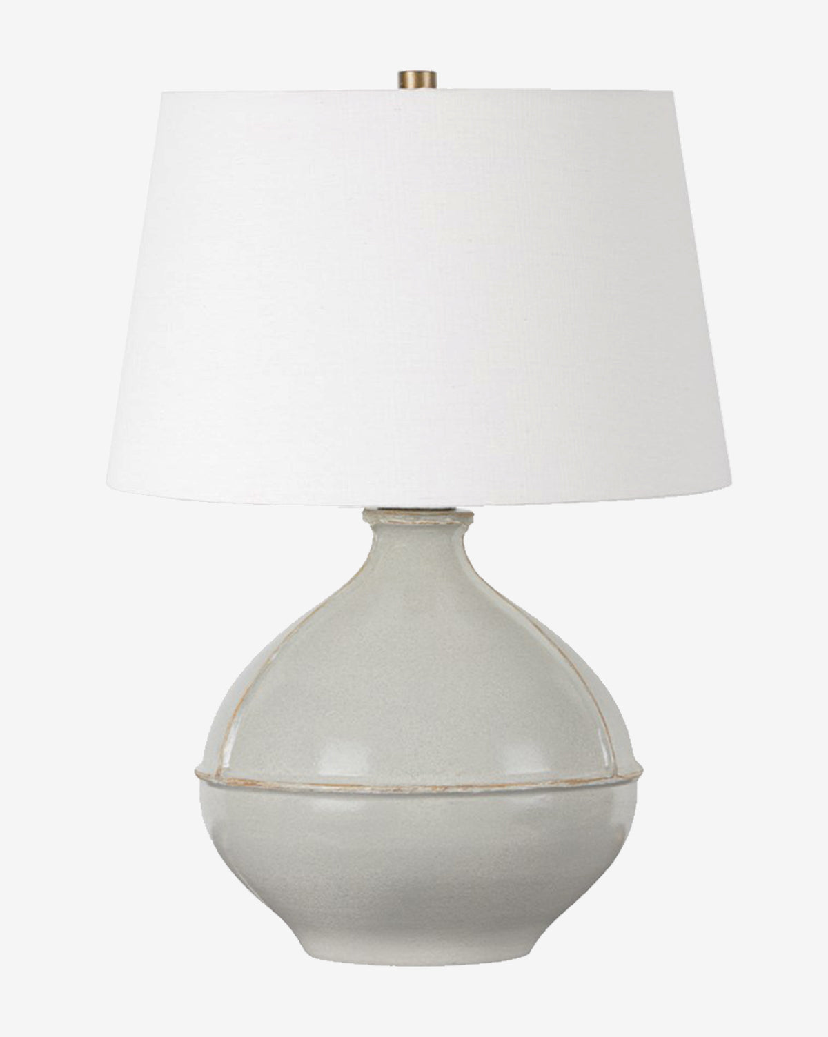 The Salvage Table Lamp by Troy Lighting features a ceramic lamp with a round, light gray base in a pale sage finish and a wide, white fabric lampshade, set against a plain white background. McGee & Co.