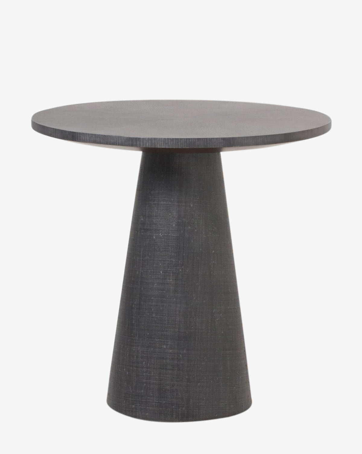 The Sanderson Side Table features a round, dark gray pedestal design with a smooth oak veneer tabletop and a wide conical base, shown against a plain white background by McGee & Co.