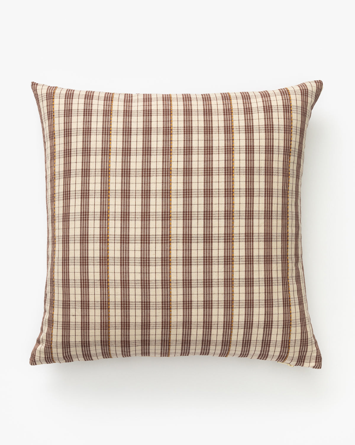 The Santora Pillow Cover is a square cotton-linen pillow cover with a brown and beige plaid pattern of intersecting lines on a white background, by McGee & Co.