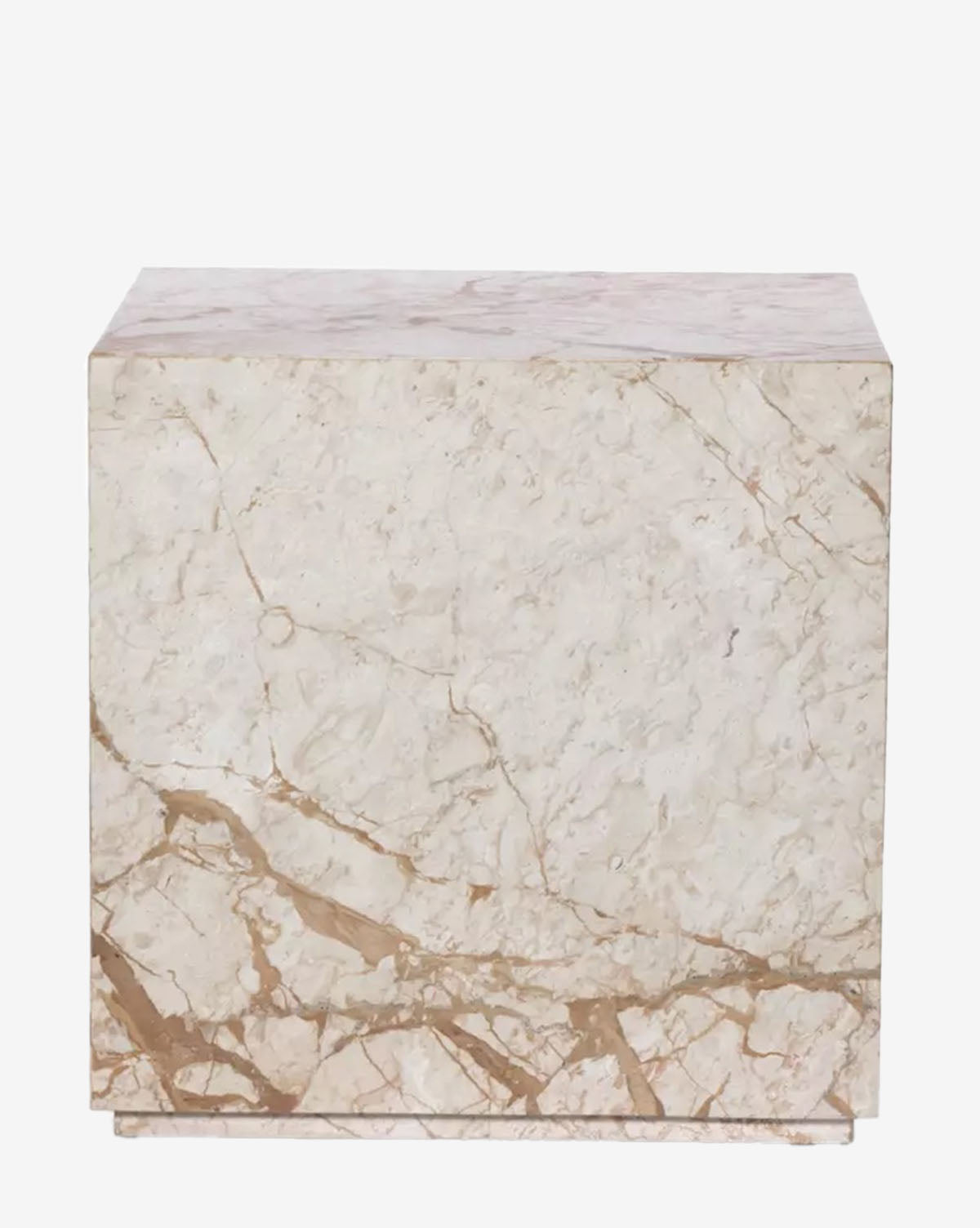 The Saoirse End Table is a plinth-style piece with a solid taupe marble top, featuring light beige tones and natural brown veining, by McGee & Co.