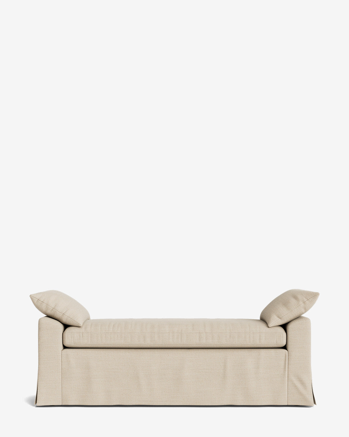 The Scaletta Bench features performance fabric upholstery in beige, a skirted base, and comes with two matching angled throw pillows, shown against a plain white background by McGee & Co.