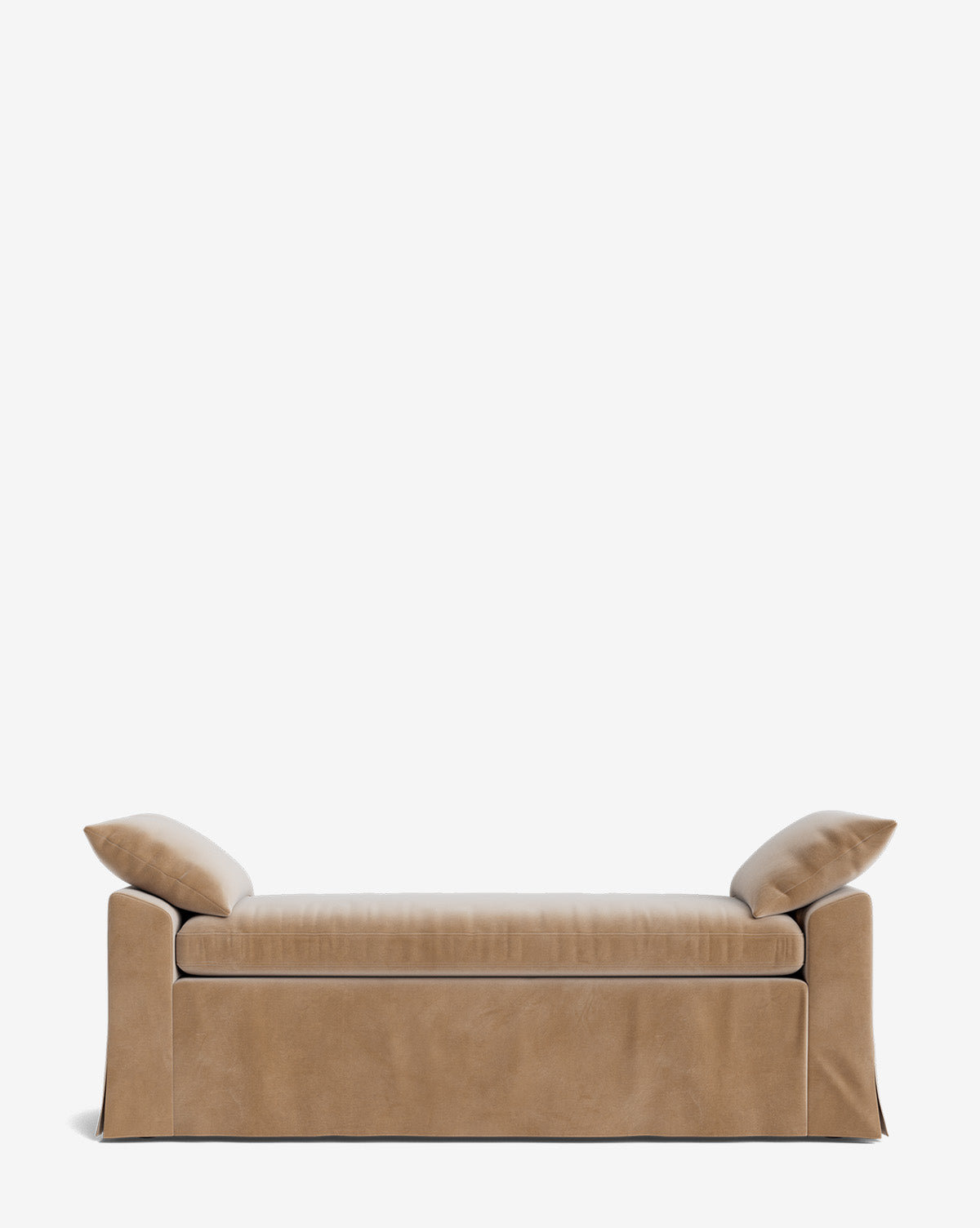 The Scaletta Bench showcases tan performance fabrics, a skirted base, and two matching angled pillows on a plain white background, by McGee & Co.