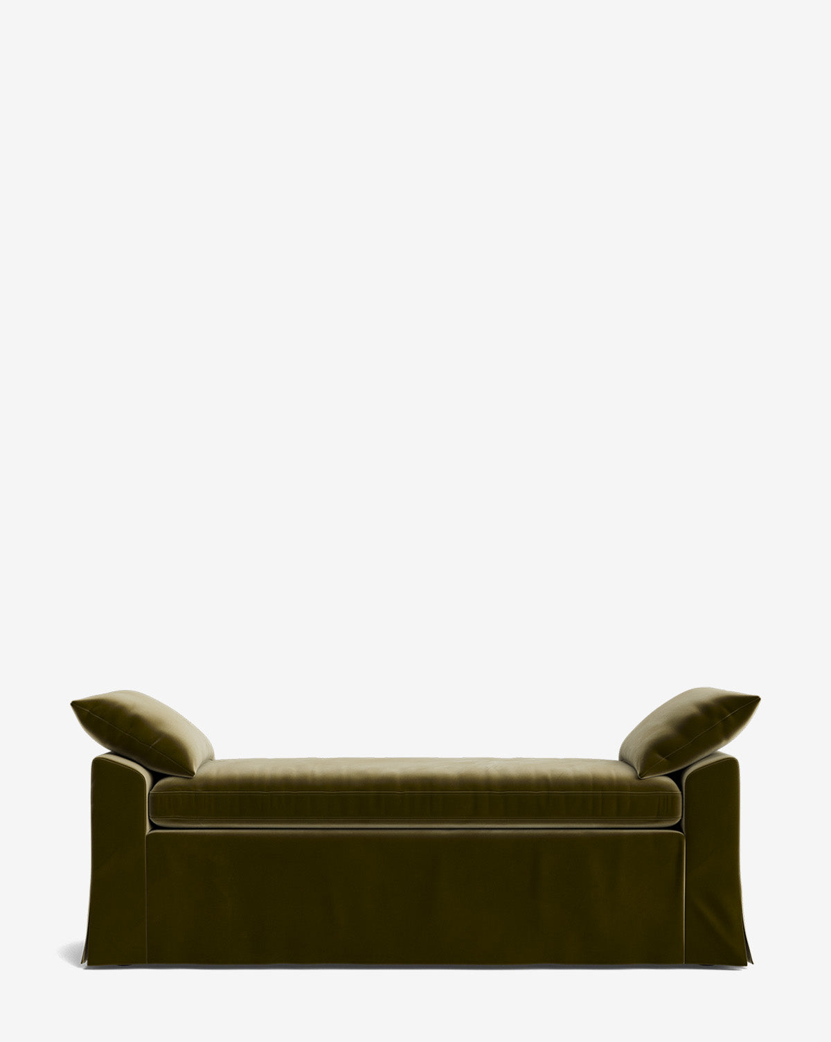 The Scaletta Bench is upholstered in olive green performance fabric with a skirted base and includes two matching angled pillows, shown on a plain white background, by McGee & Co.