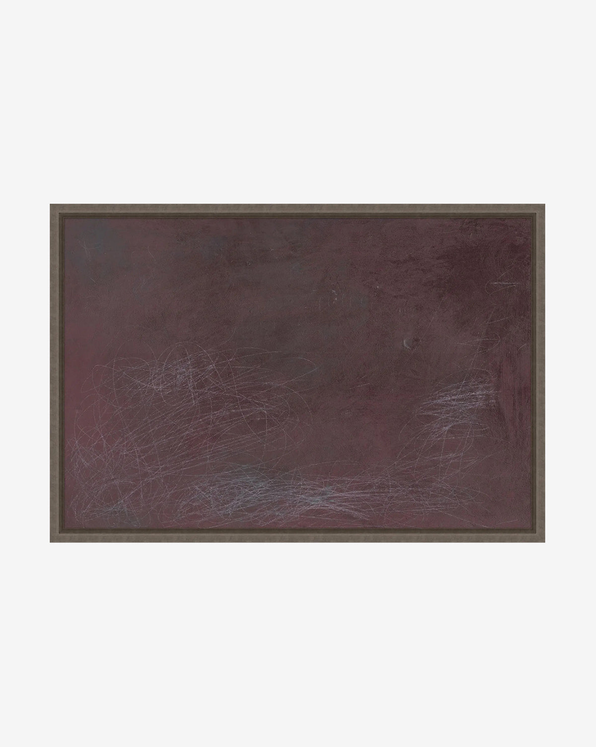 Scarlet Scribbles: A rectangular, dark brown chalkboard wall art with a wooden frame, featuring faint white chalk marks and scratches, designed in gallery-quality abstract style against a plain white background, by McGee & Co.