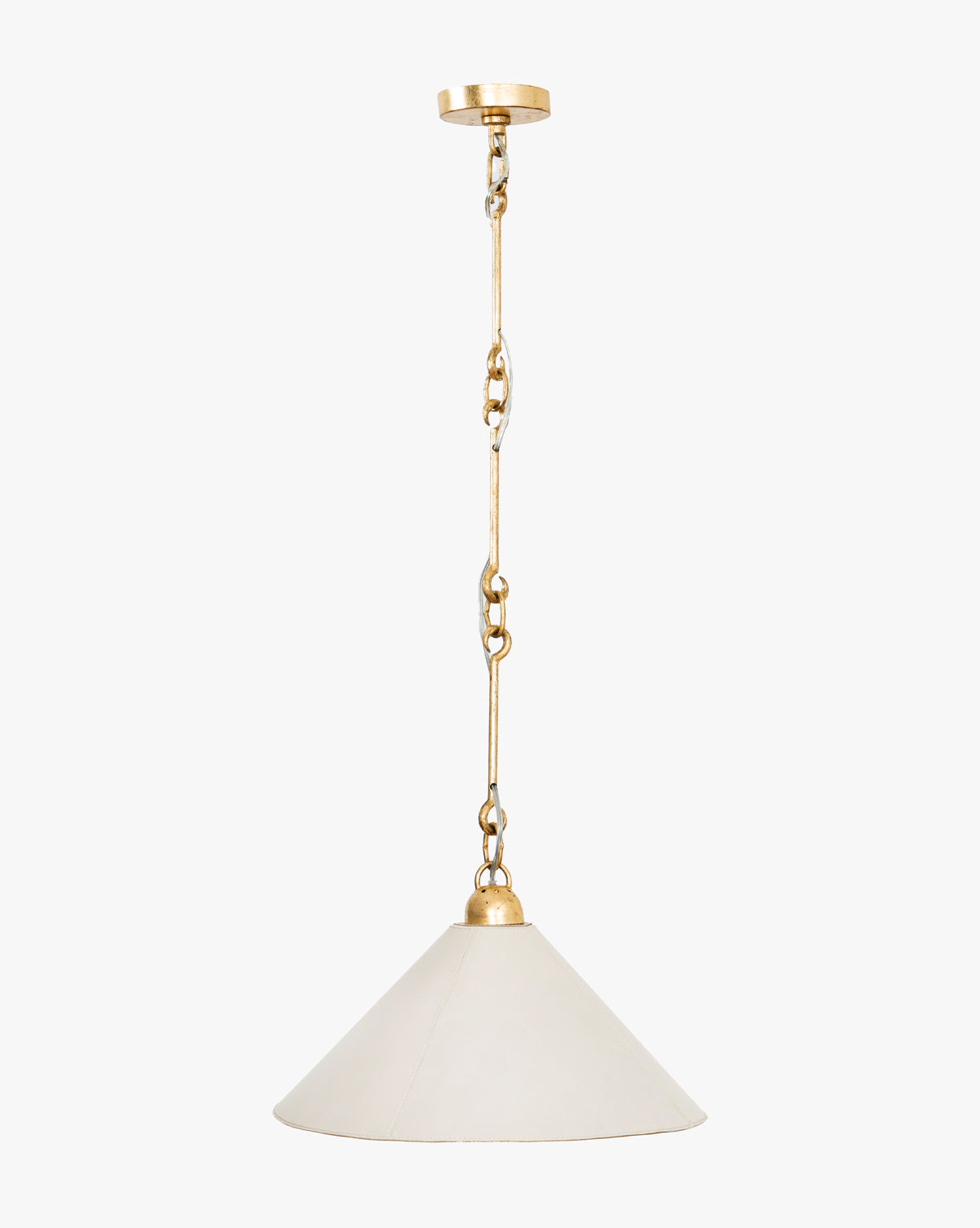 The Scarlett Pendant showcases elegant lighting with a wide cone-shaped white shade, gold leaf iron chain, and gold ceiling mount, offering a sophisticated focal point for any space, by McGee & Co.
