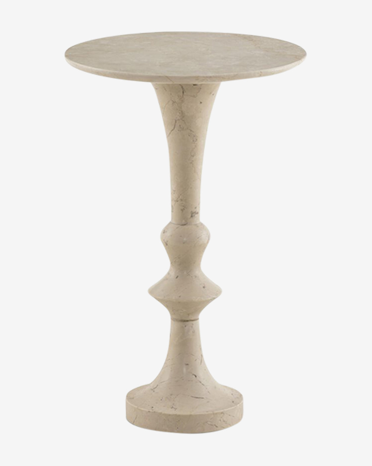 The Sconset Side Table is a round, beige marble accent table with a sculpted pedestal base and smooth surface—perfect for adding modern elegance to your home decor, by McGee & Co.