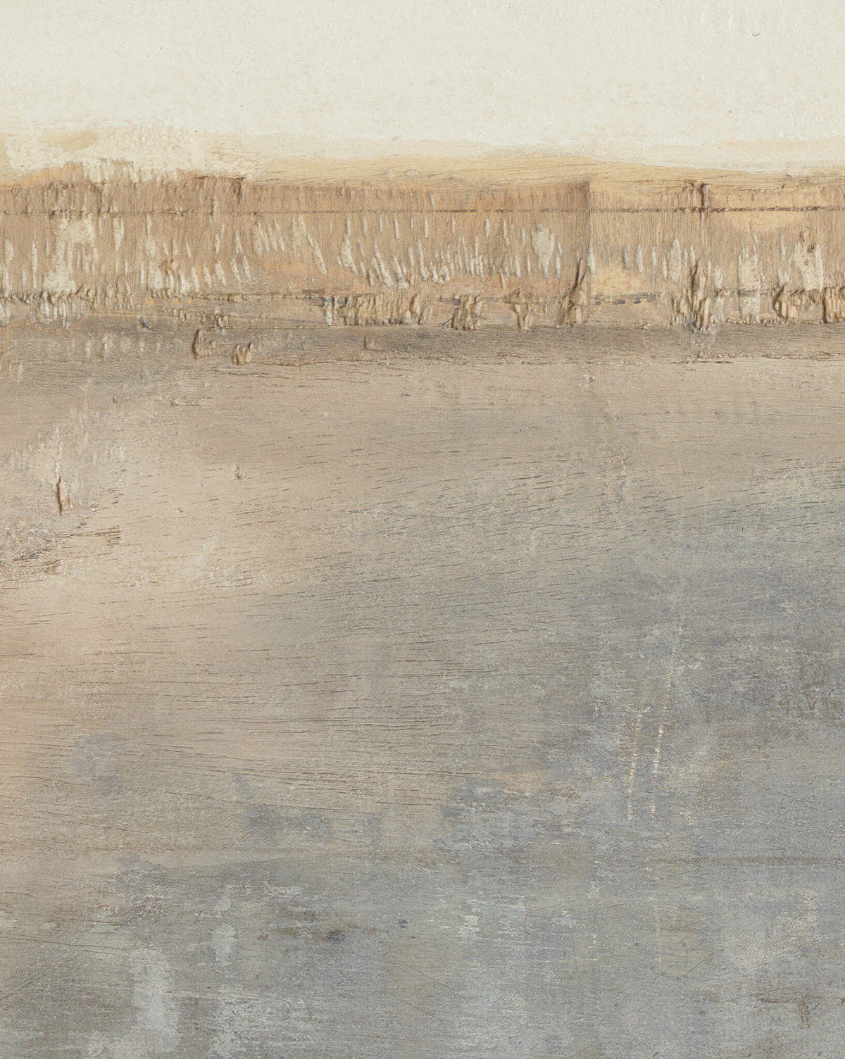 Sea Basin by Paul Meyer is a muted, abstract painting with earthy tones, featuring a rough beige band above soft gray-brown shades. Evoking a calm coastal vibe, it’s perfect for home styling and comes framed in elegant white oak, by McGee & Co.