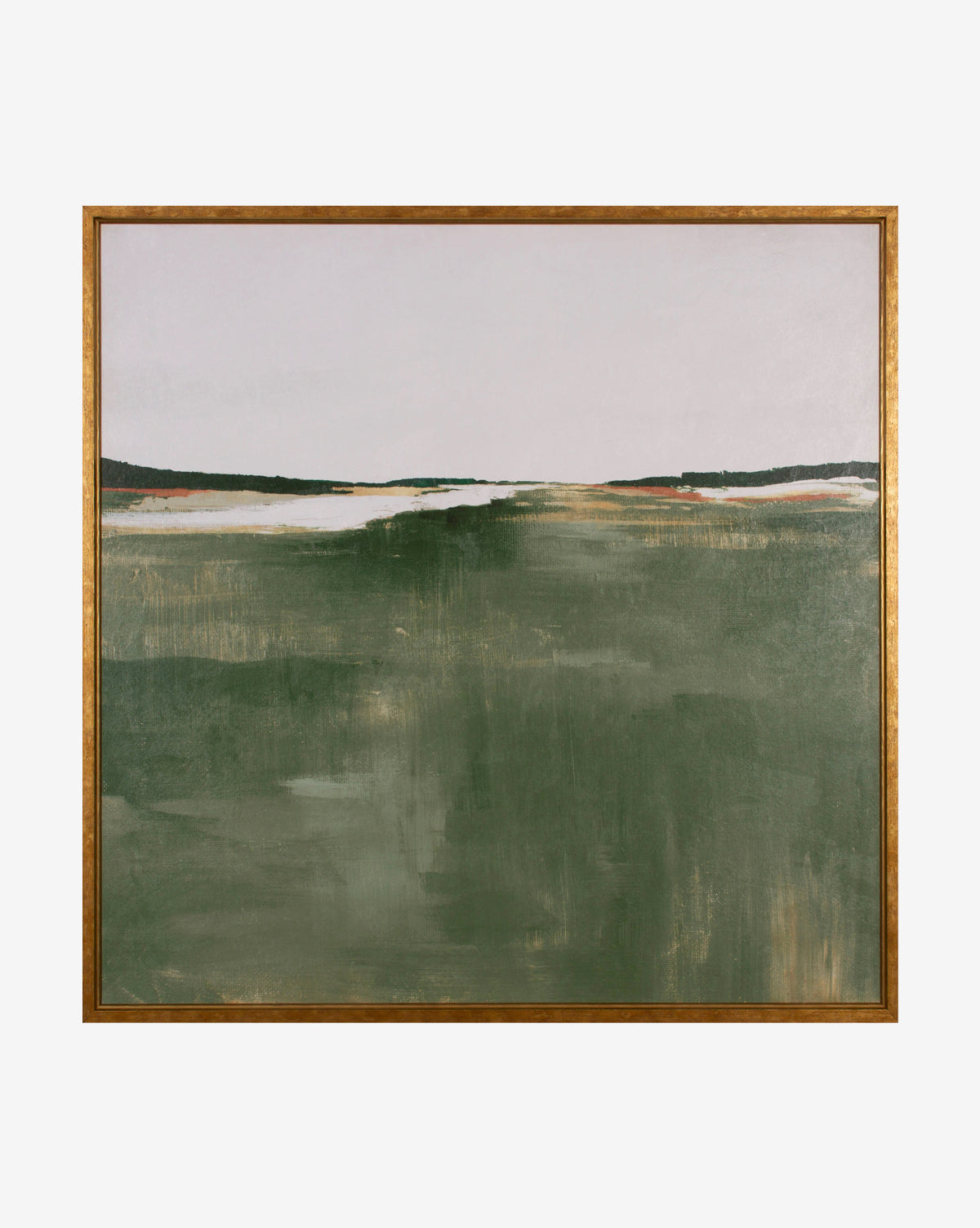 Sea of Green is abstract wall art featuring broad green and white brushstrokes, beautifully presented in a simple wooden frame to evoke the look of a vibrant landscape beneath a pale sky, by McGee & Co.