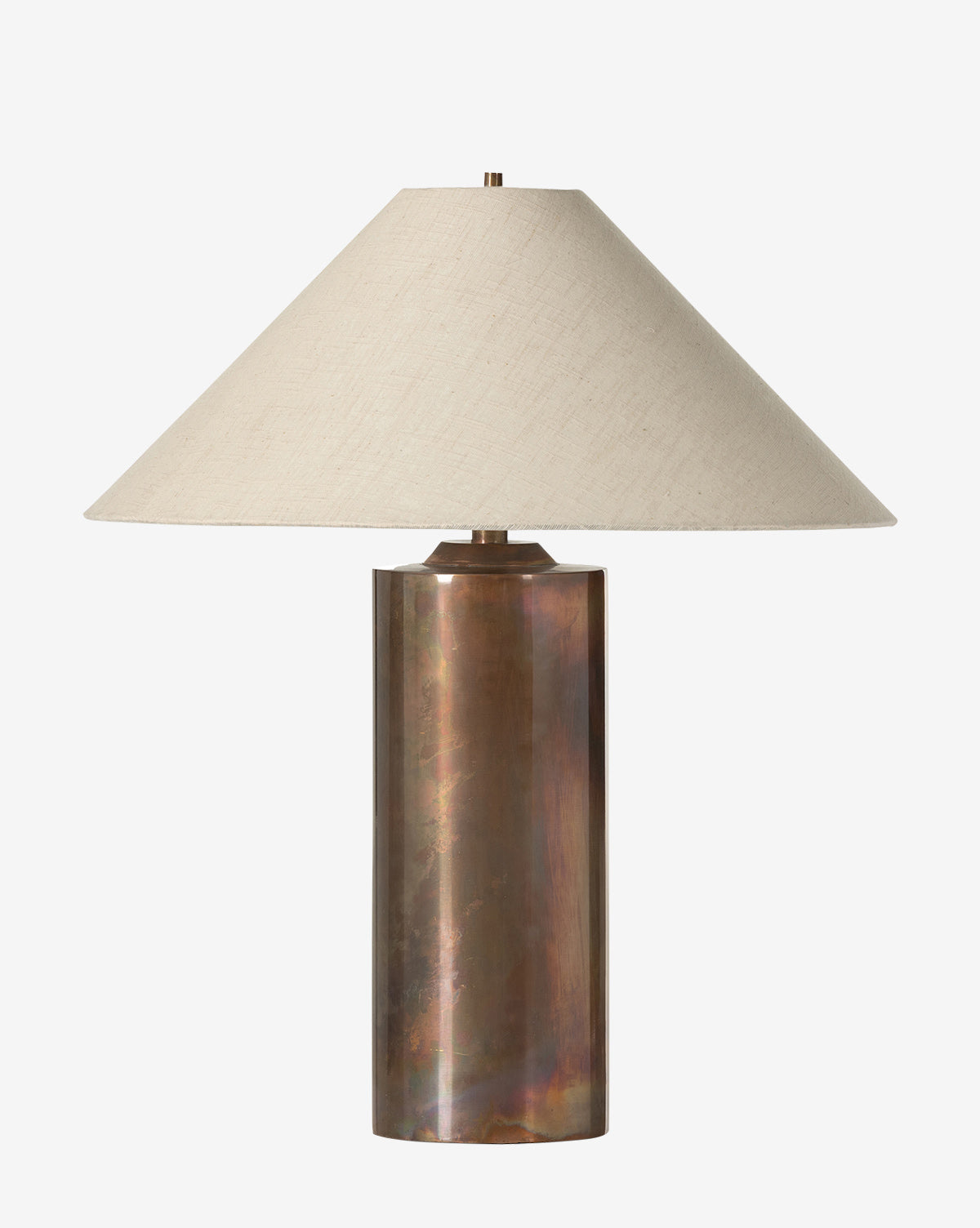 The Seaton Table Lamp showcases an industrial look with a cylindrical metal base and a wide beige conical fabric shade, pictured on a plain white background by McGee & Co.