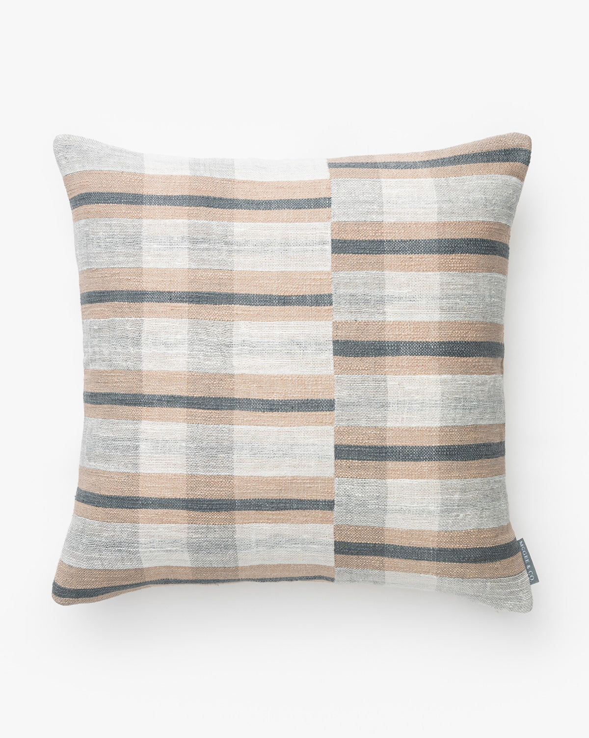The Sedgley Pillow Cover features a rectangular plaid design in beige, gray, and off-white stripes. Crafted from a linen-cotton blend, its perfect for adding elegant decor to your sofa, especially against a plain white background by McGee & Co.