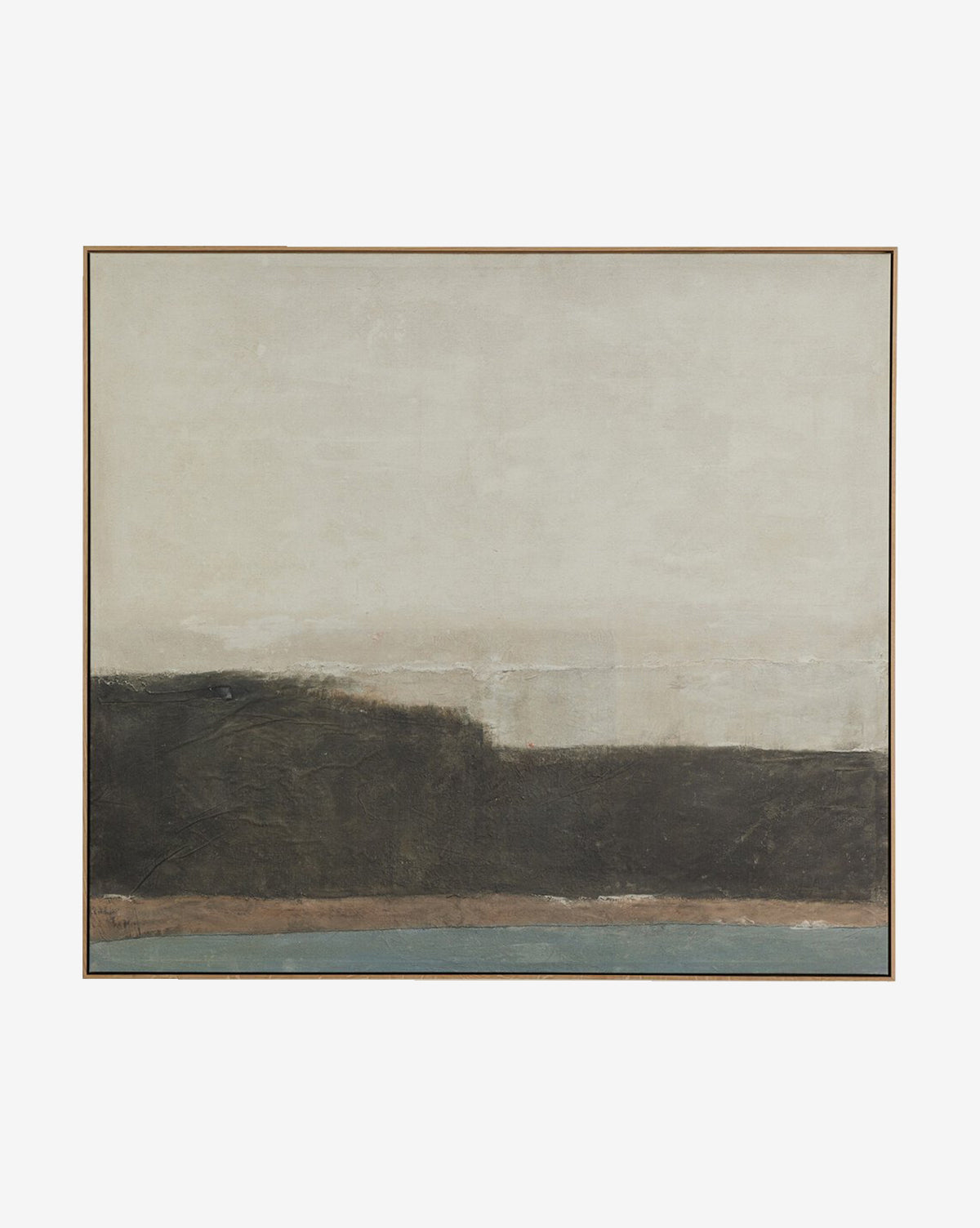 Sediment by Paul Meyer is a minimalist abstract landscape on gallery-quality canvas, featuring a wide light beige sky, dark textured landform, thin brown strip, and narrow blue band, by McGee & Co.