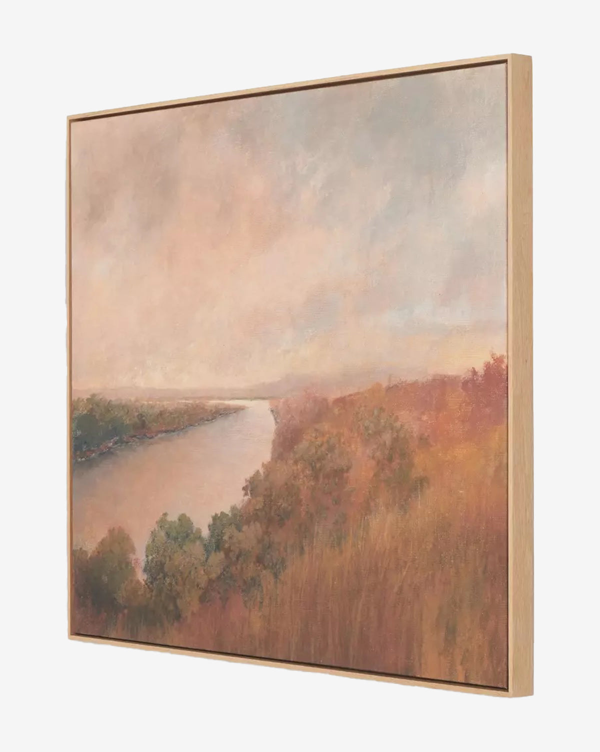 Seeing in Color by Aileen Fitzgerald features a river winding through tree-lined banks beneath a pastel sunrise or sunset. Warm, muted colors and detailed brushwork evoke serenity, beautifully framed in striking white oak, by McGee & Co.