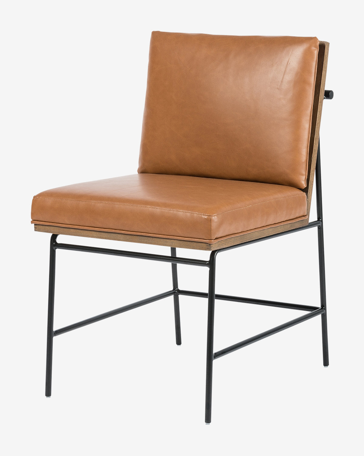 The Selas Dining Chair offers tan leather cushions on a minimalist black iron frame, featuring a slightly reclined back and no armrests for a sleek, modern look, by McGee & Co.