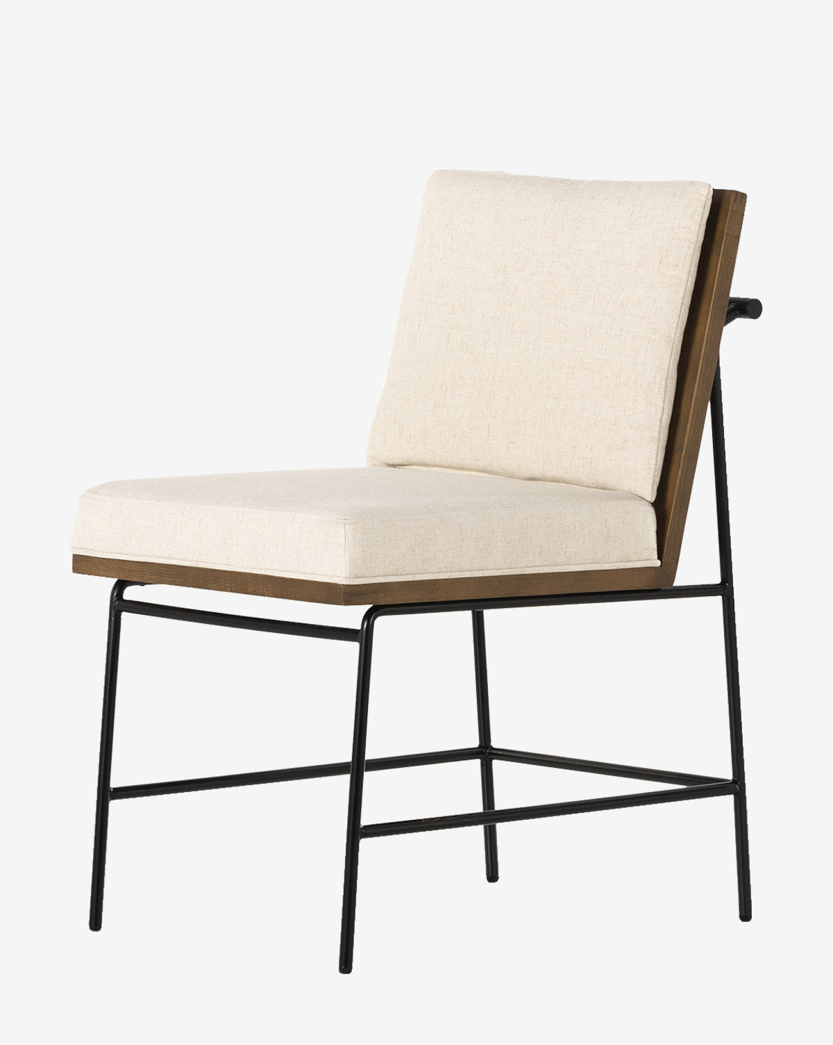 The Selas Dining Chair showcases a cream cushioned seat and backrest in high-performance fabric, accented by a wooden frame and slim black iron legs, pictured on a plain white background by McGee & Co.