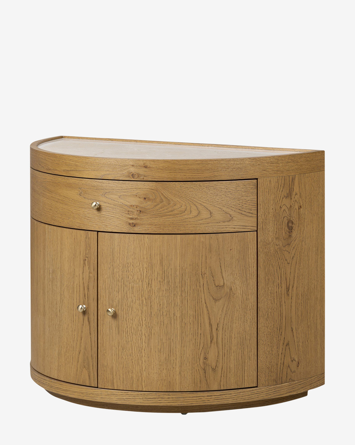 The Selma Nightstand is a semi-circular wooden cabinet with a natural finish, visible grain, one drawer, and two doors with round metal knobs, by McGee & Co.