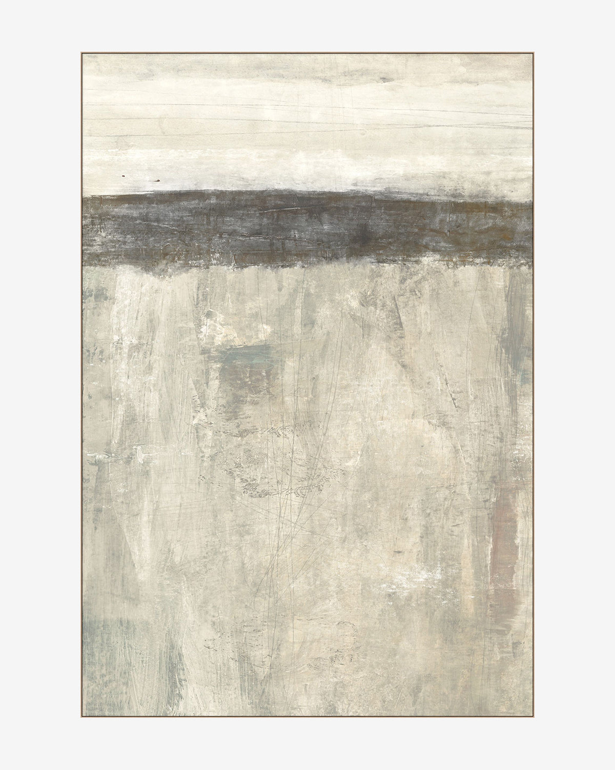 Senscape I by Brent Foreman is abstract wall art on gallery-wrapped canvas, featuring a light beige and gray background with a bold horizontal dark gray band near the top and softly blended, textured brushstrokes, by McGee & Co.