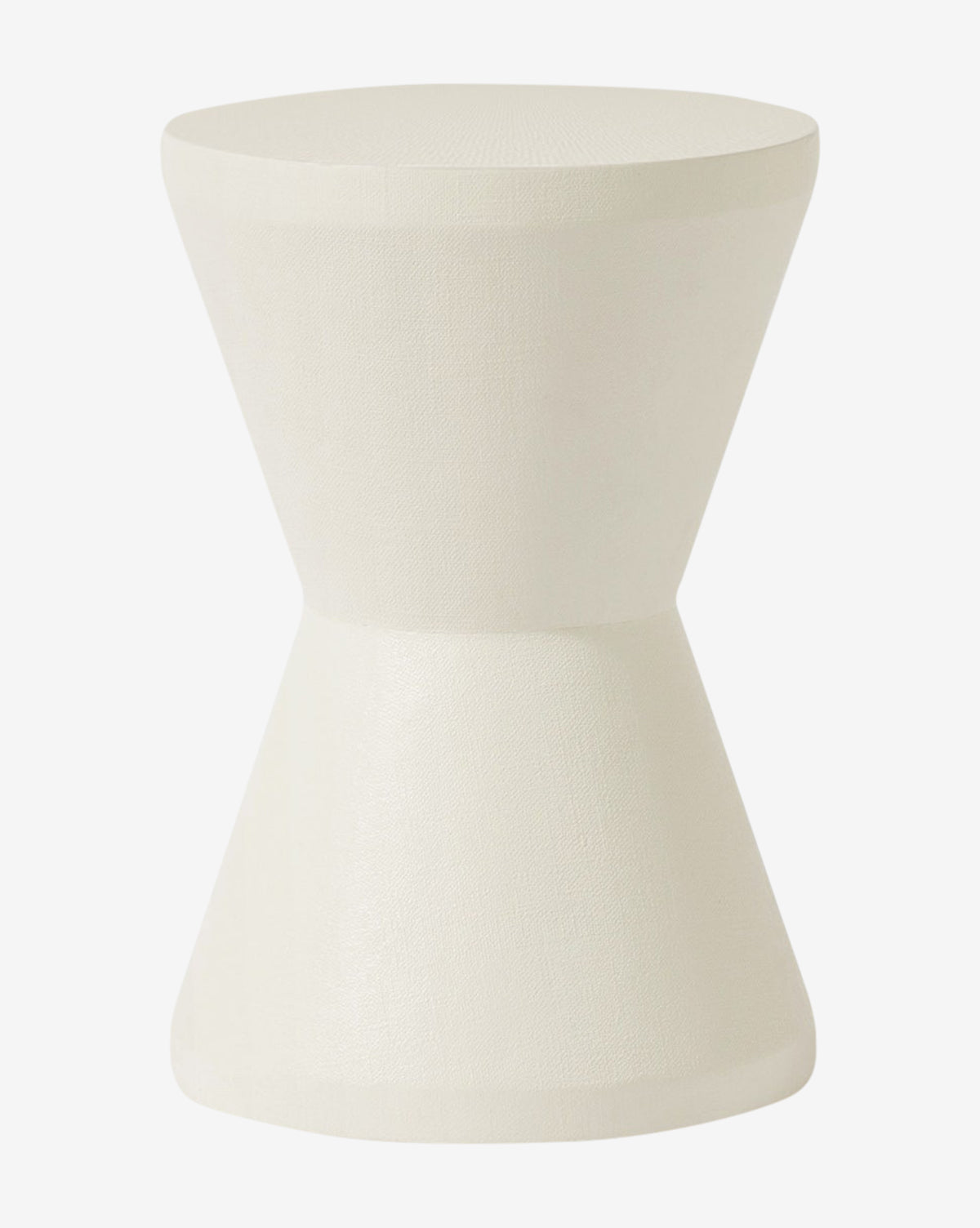 The Seren Side Table is a white, hourglass-shaped contemporary table or stool crafted in faux Belgian linen with a smooth texture and minimalist modern design, by McGee & Co.