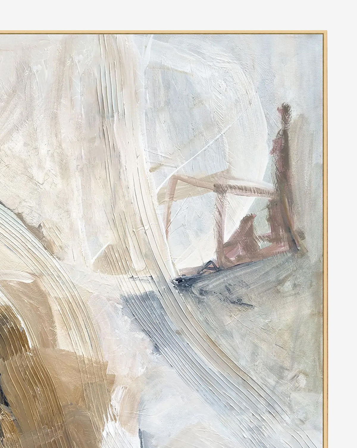 Serenity Sands is abstract wall art featuring textured brushstrokes in white, beige, and light brown, with sweeping lines and soft shapes on a neutral canvas. Subtle figures and geometric forms accent the upper right corner, by McGee & Co.
