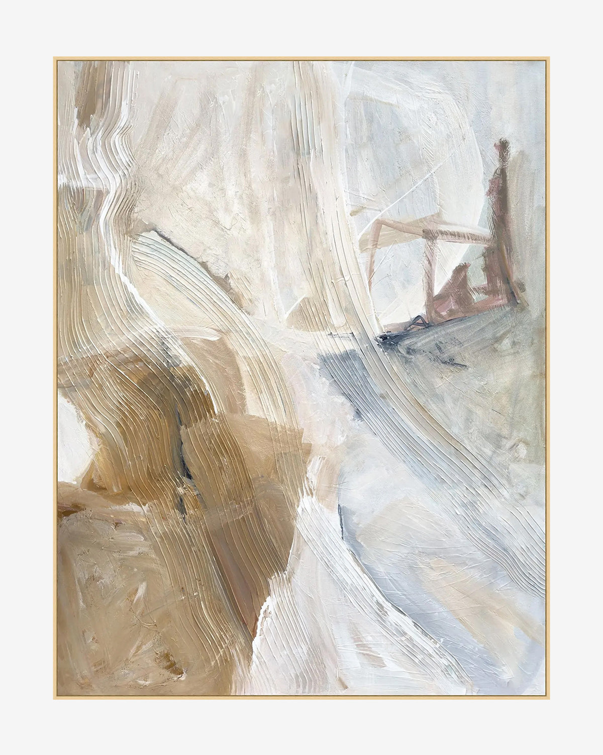 Serenity Sands is abstract wall art with sweeping white, beige, and brown brushstrokes on a neutral canvas. In the upper right, two small dark human figures stand near a geometric shape, subtly blending into the textured background, by McGee & Co.